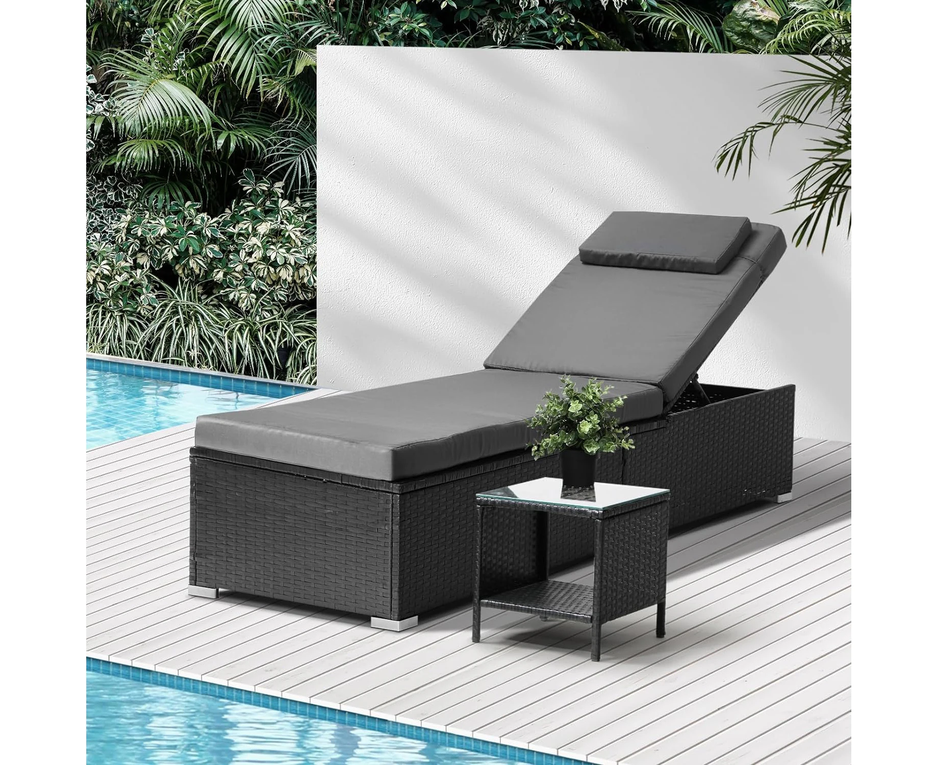 Livsip Sun Lounge Wicker with Table Outdoor Furniture Rattan Day Bed Garden Chair Black