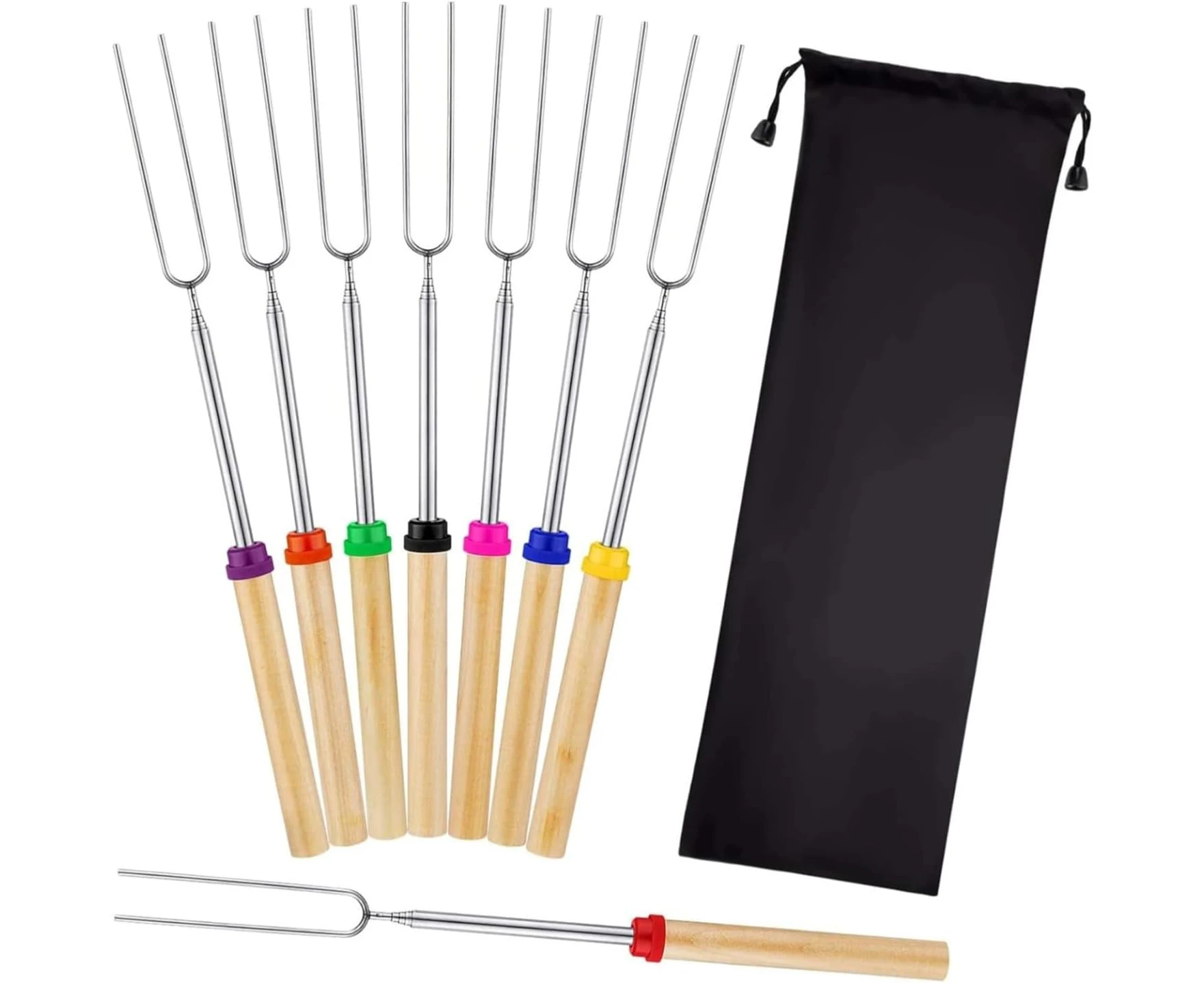 Lyfengdeam 8Pcs Marshmallow Roasting Sticks Smores Skewers for 32inch Telescoping Sausage BBQ Hot Dog Forks Portable Carrying Bag Grill Campfire Stainless