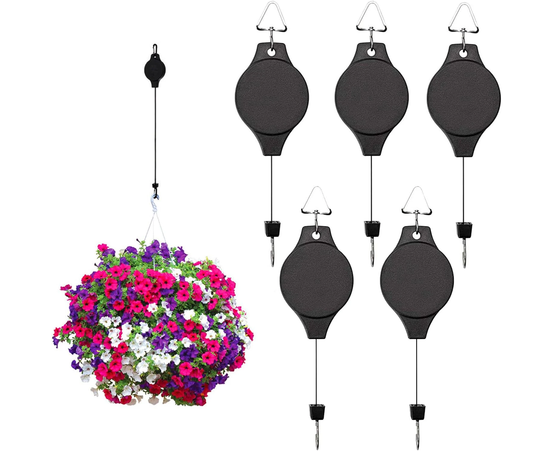 5 Pack， Retractable Plant Hanger Easy Reach Hanging Plant Hook Pulley Flower Basket for Garden Basket and Birds Feeder Hang High up and Pull Down to Water