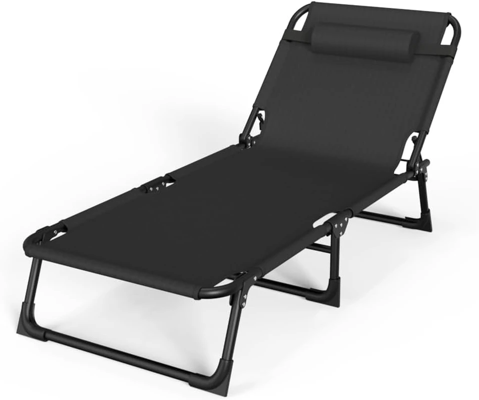 TOMVAES Folding Camping Lounger,Convertible Lounge-Recliner,4 Position Adjustable Bed, Steel Tube Frame,600D Oxford Fabric,Removable Pillow for Outside Law