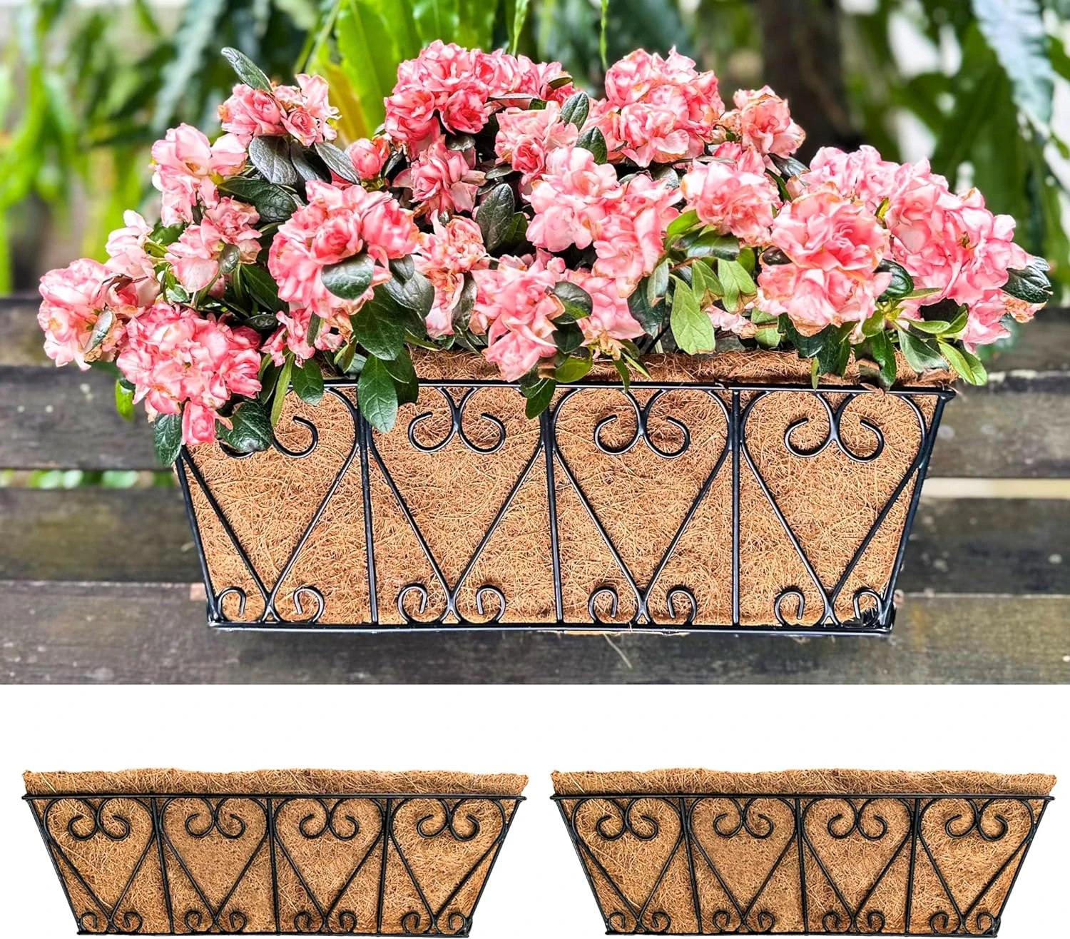 LaLaGreen Wal Planters (4 Pack, 16 Inch) Deck Railing Hanging Basket, Window Flower Boxes Outdoor Black Metal Plant Pot Holder Coco Liner Fence Planter Bal