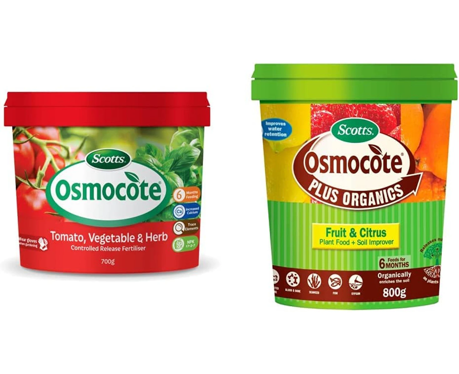 Osmocote Vegetable and Herb Controlled Release Fertiliser, 700g & Scotts Osmocote Plus Organics Fruit and Citrus fertiliser and Soil Improver, 800g