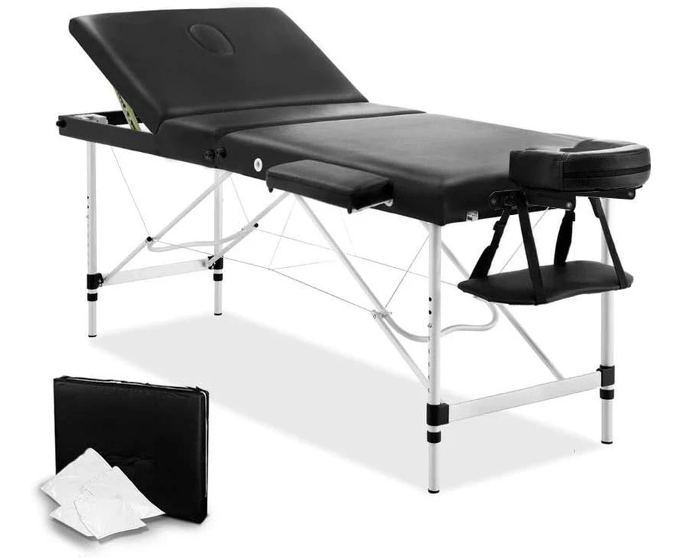 Zenses Massage Table Black 60cm Portable Aluminium, Massages Therapy Bed, Folding Headrest Beds 3 Fold Beauty Spa Waxing Chairs Bounes Covers Carry Bag