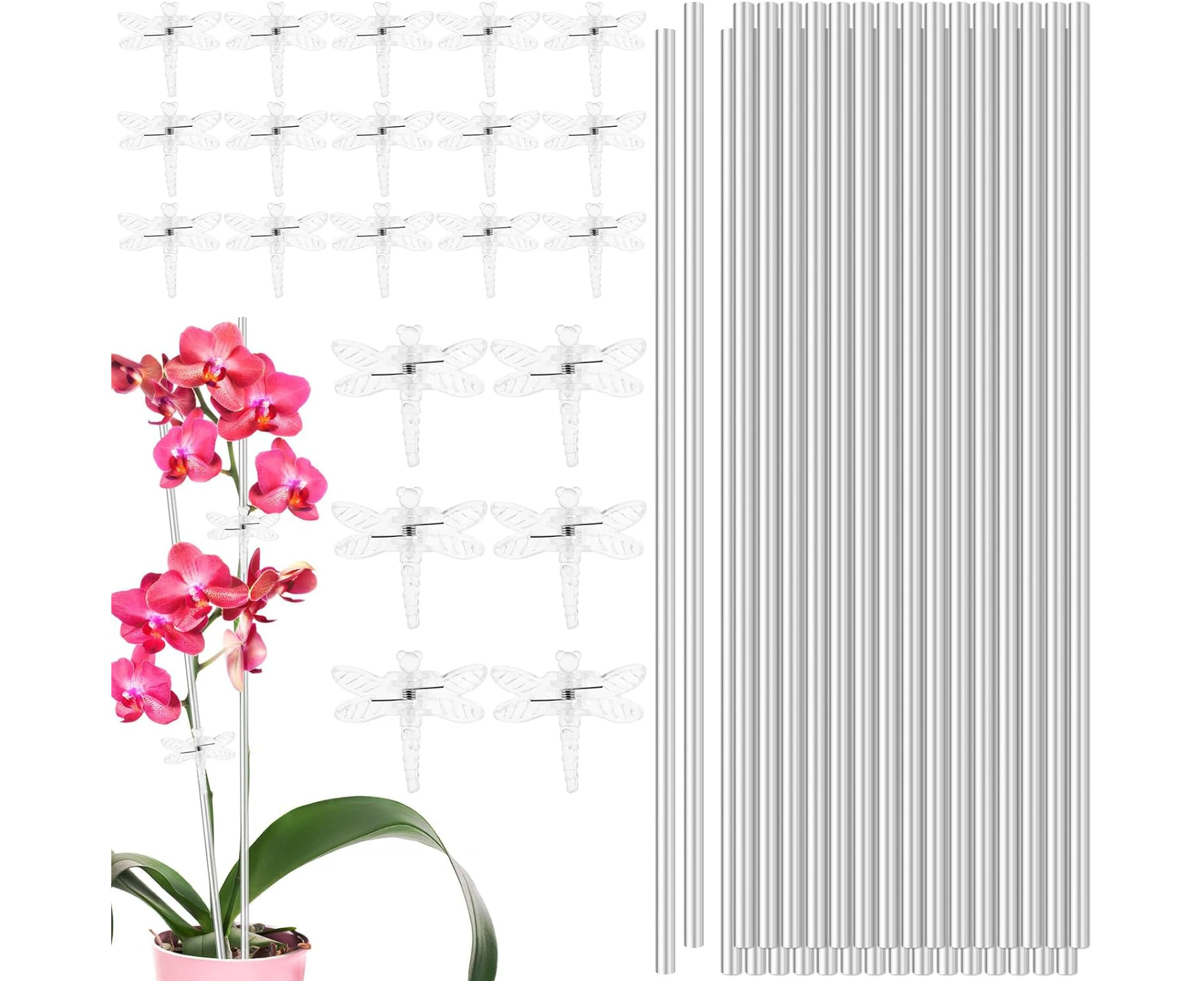 32Pcs Plants Stakes with Dragonfly Orchids Clips 15.7in Acrylic Orchids Stakes and Clips Set Plants Support Stakes Clear Plants Sticks Support Garden Stake