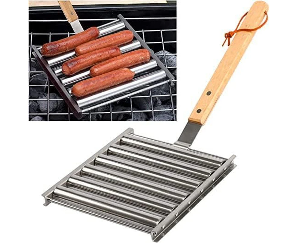 Hot Dog Roller,Sausage Roller, BBQ Hot Dog, Hot Dog Roller Rack with Long Wooden Handle,Stainless Steel Hot Dog Sausage Roller,Stainless Steel BBQ Sausage