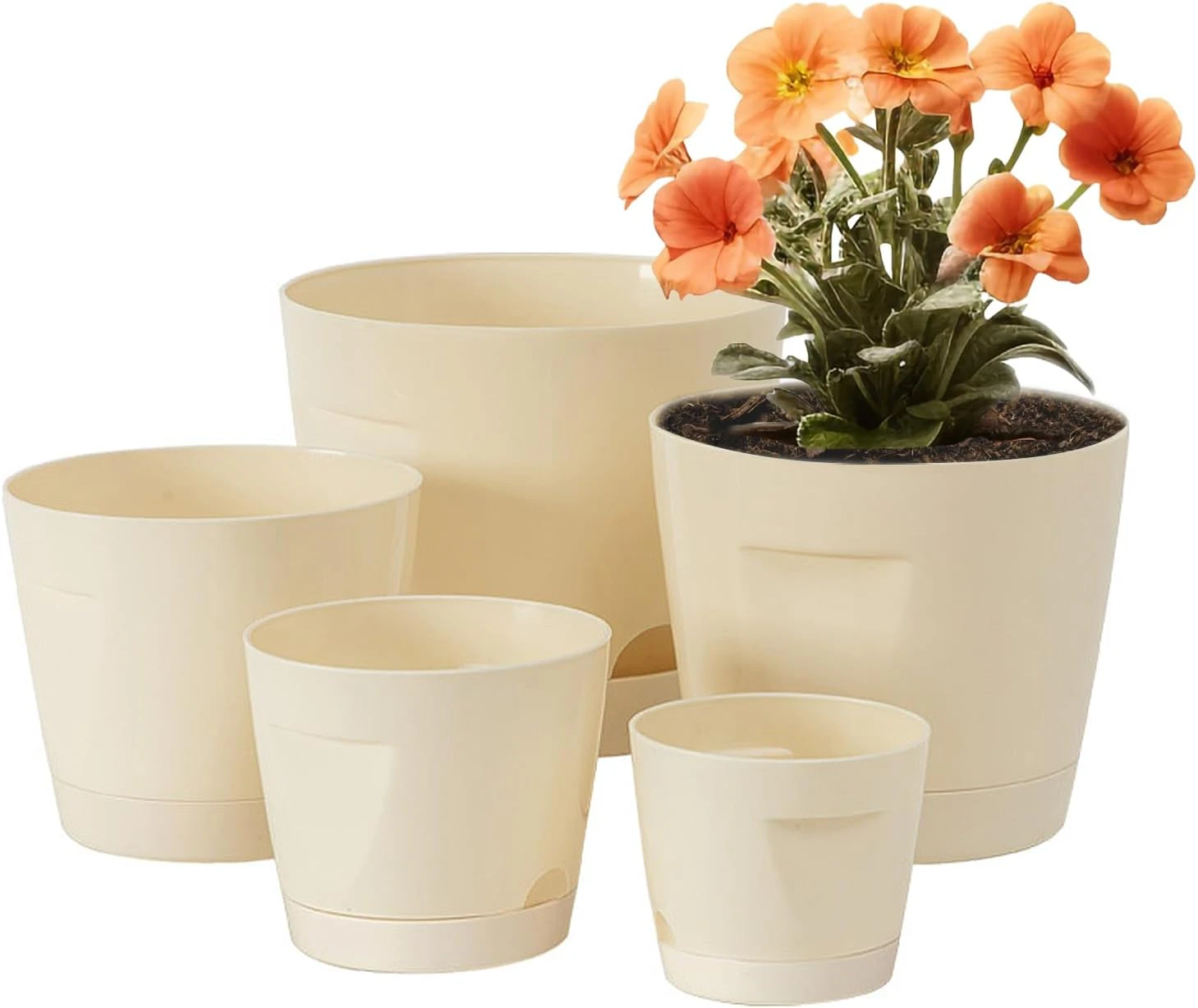 Set of 5 Beige Flower Pots, 8/7/6/5/4 inch Self-Watering Plant Pots with Drainage Holes - Ideal for Succulents, Herbs, and More