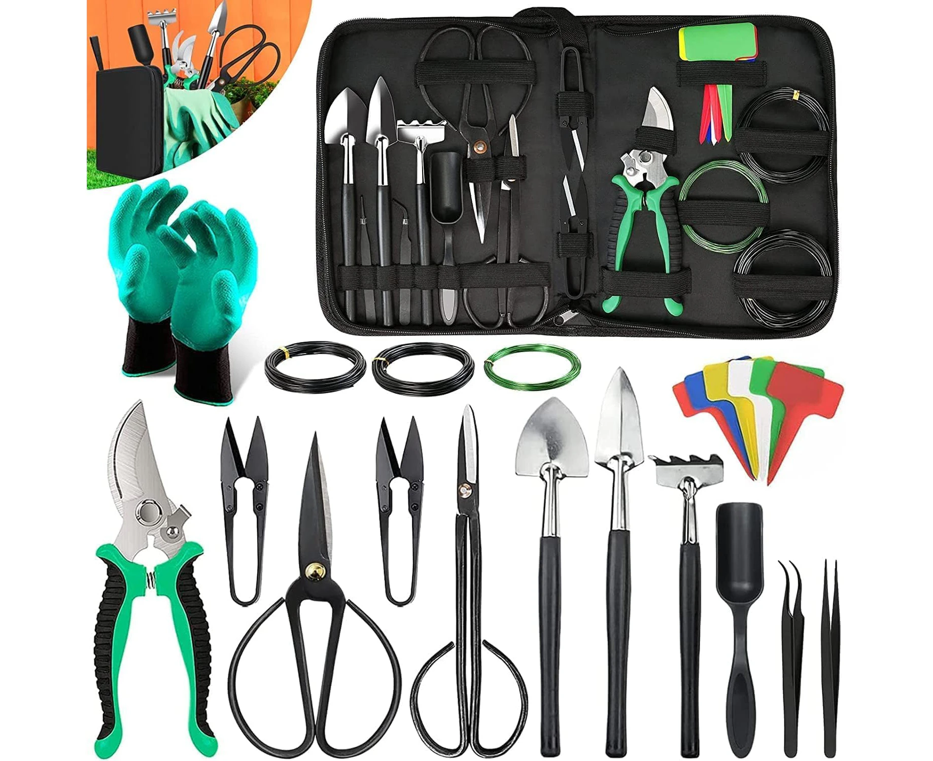 Homodoskey Bonsai Tools Kit- 24 PCS Bonsai Tree Kit Tools for Beginners, Bonsai Starter Trimming Care Kit Include Pruning Shears, Scissors, PU Leather Bag