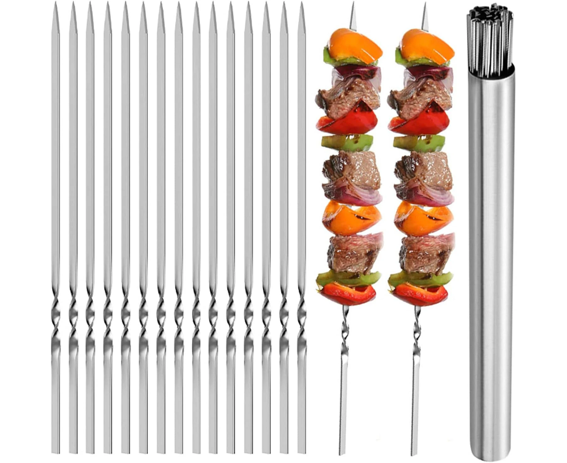 XMANX Stainless Steel Flat Barbecue Skewers,40PCS BBQ Kebab Skewers with Portable Metal Storage Tube,Reusable for Kitchen Party and Outdoor Cooking Camping