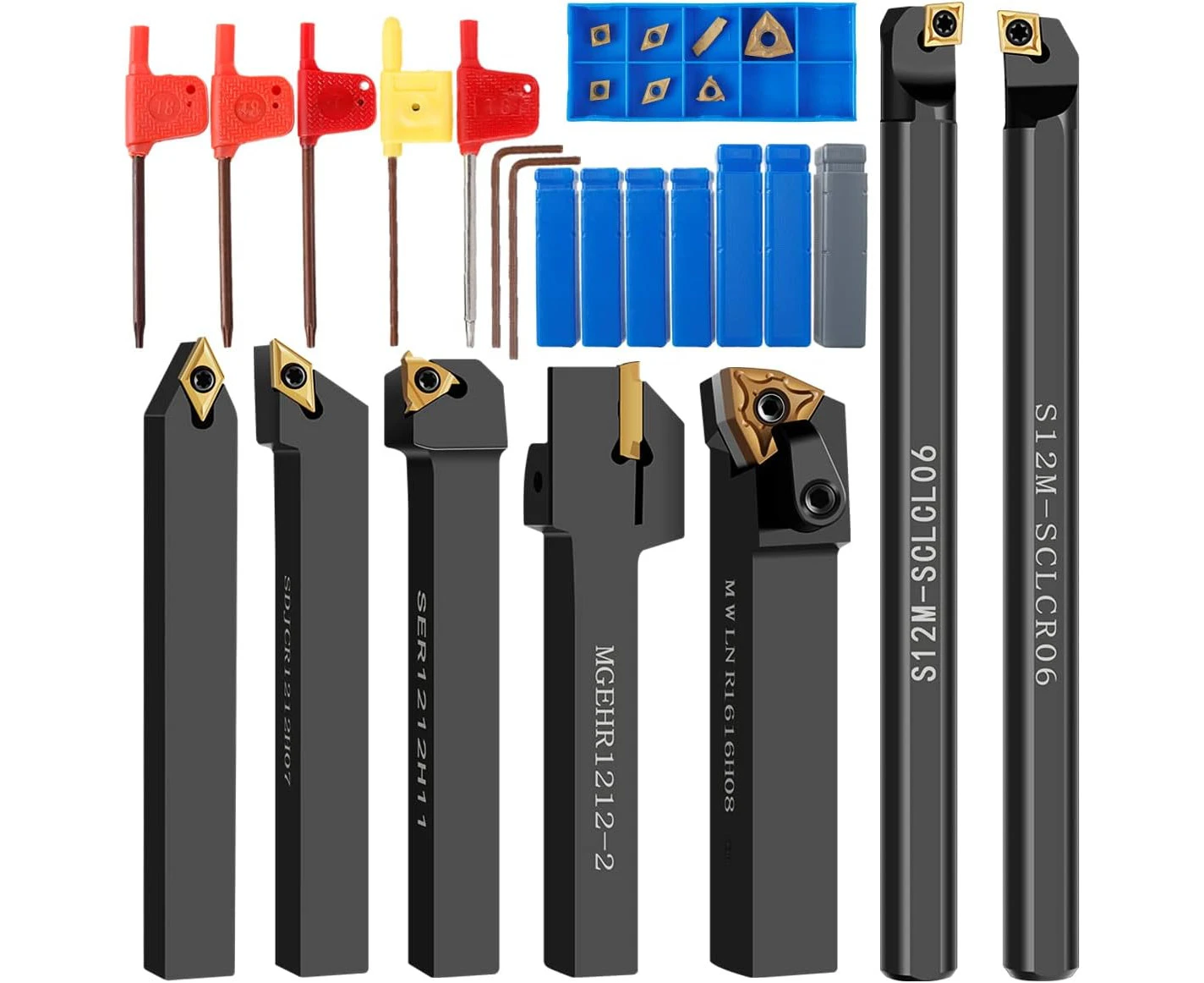 21Pcs Lathe Turning Tool Professional Carbide Turning Tool Holder Set Sturdy Metal Lathe Tools Holder with Wrench Turning Inserts for Turning Cutting Lathe