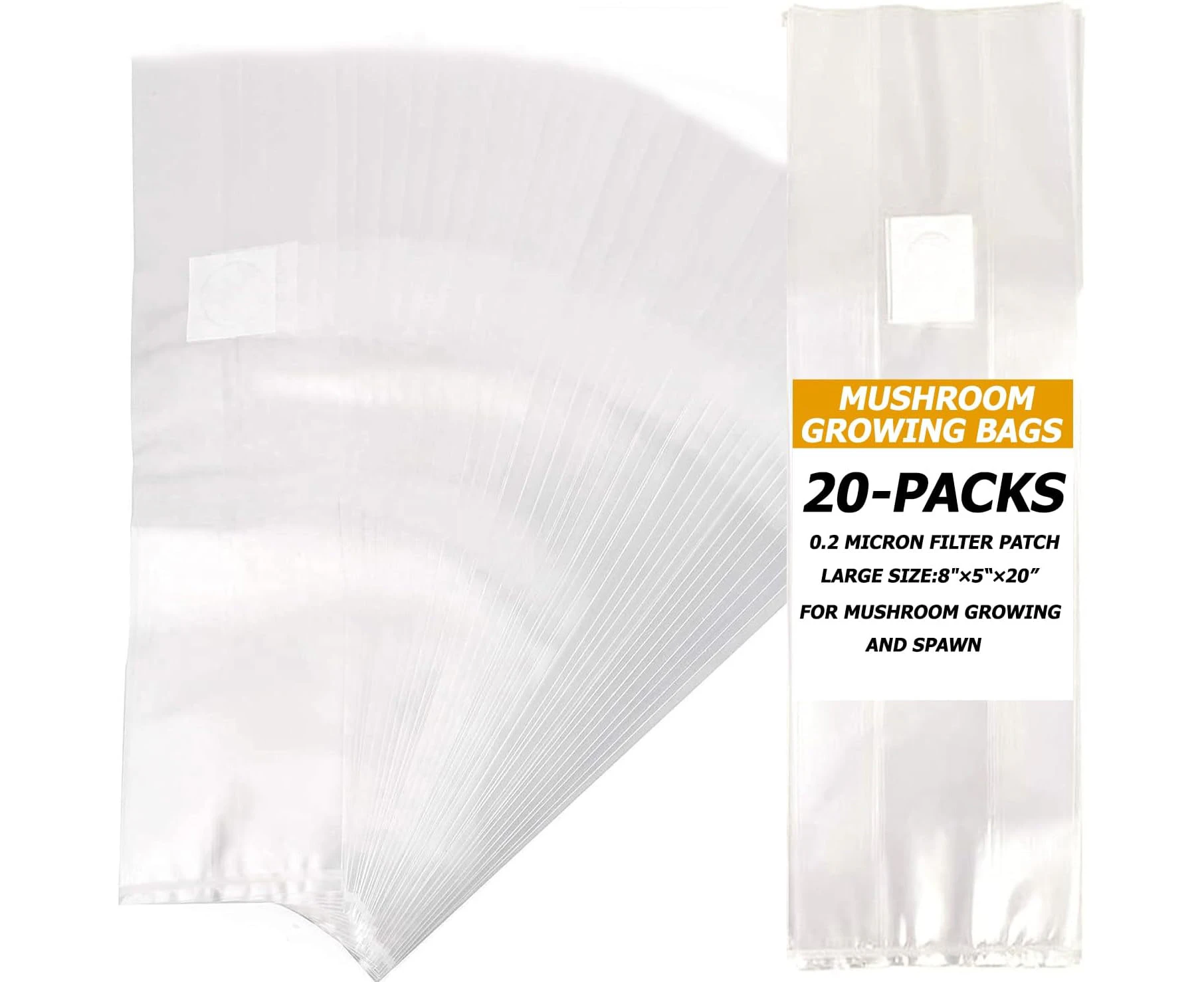 VerdiGrow 20PCS Mushroom Grow Bag Large Thickened 8"x5"x20" Autoclave Resistance Bag 6 mil Thick Strong Tear Resistance 0.2 Micron Filter Mushroom Spawning