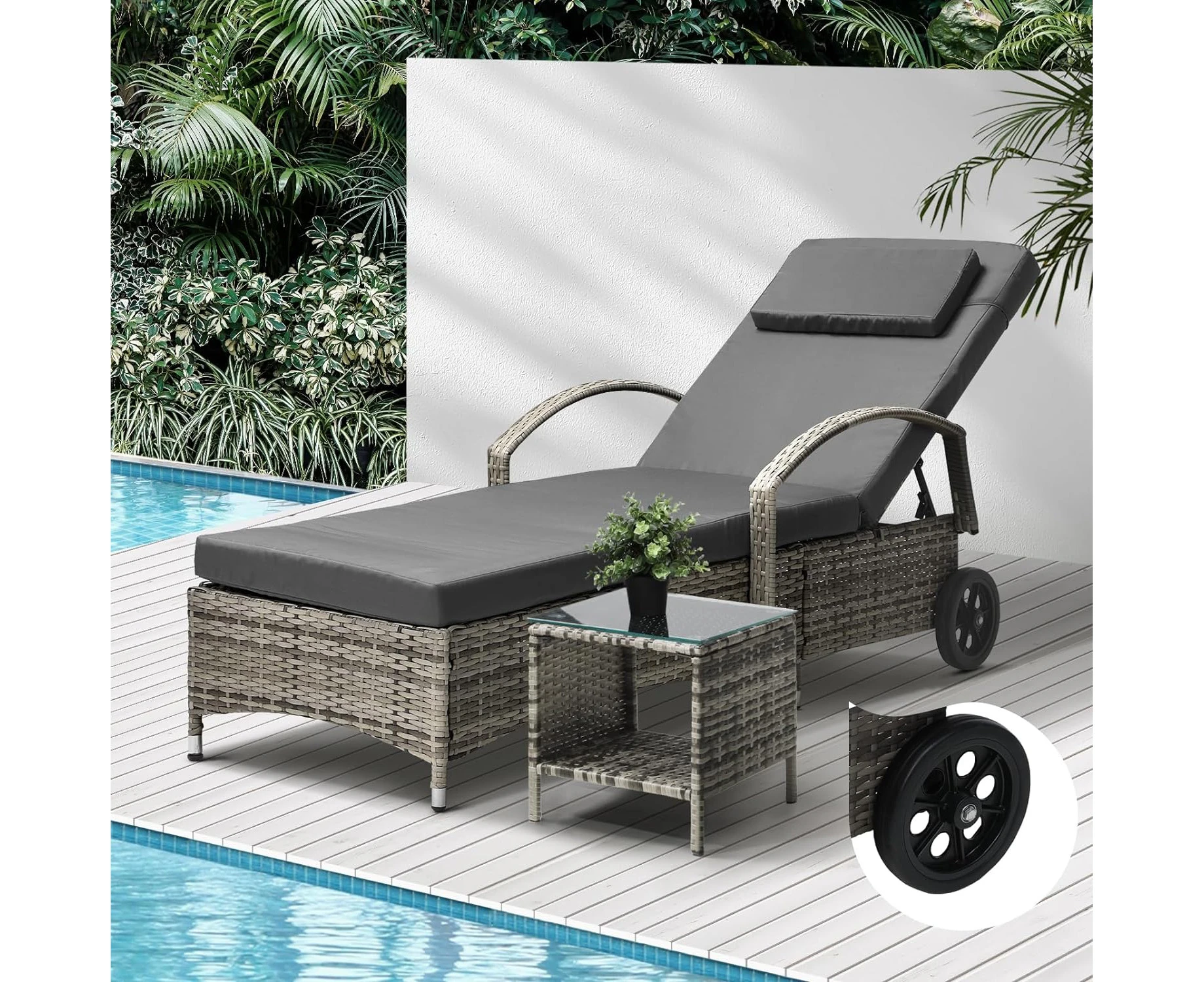 Livsip Sun Lounge with Table Wheeled Outdoor Furniture Wicker Day Bed Grey