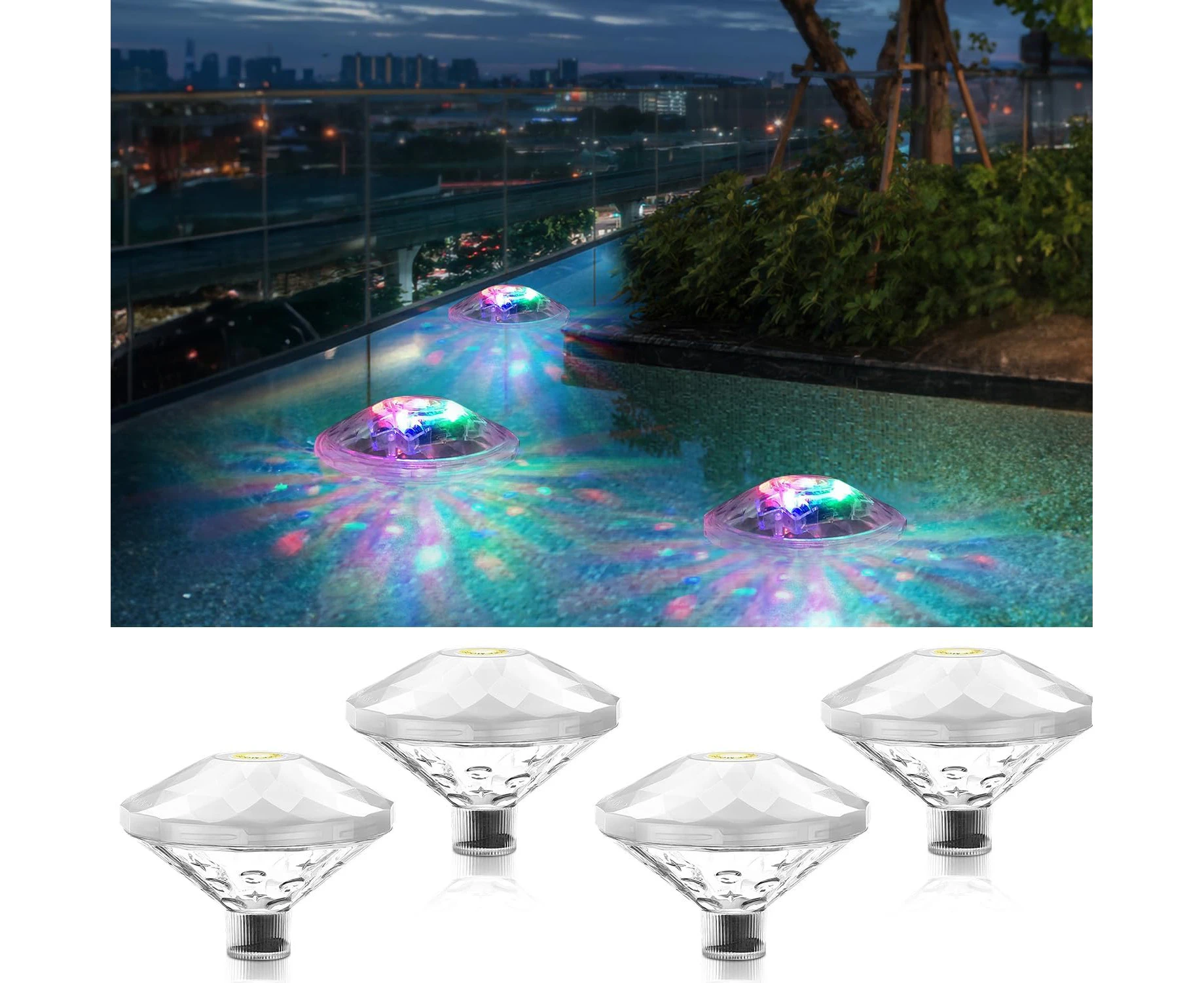 Proxima Direct 4 Pack Pool Lights Floating RGB Color Changing Swimming Pool Lights Waterproof LED Pool Accessories 8 Lighting Modes for Outdoor Pool Party