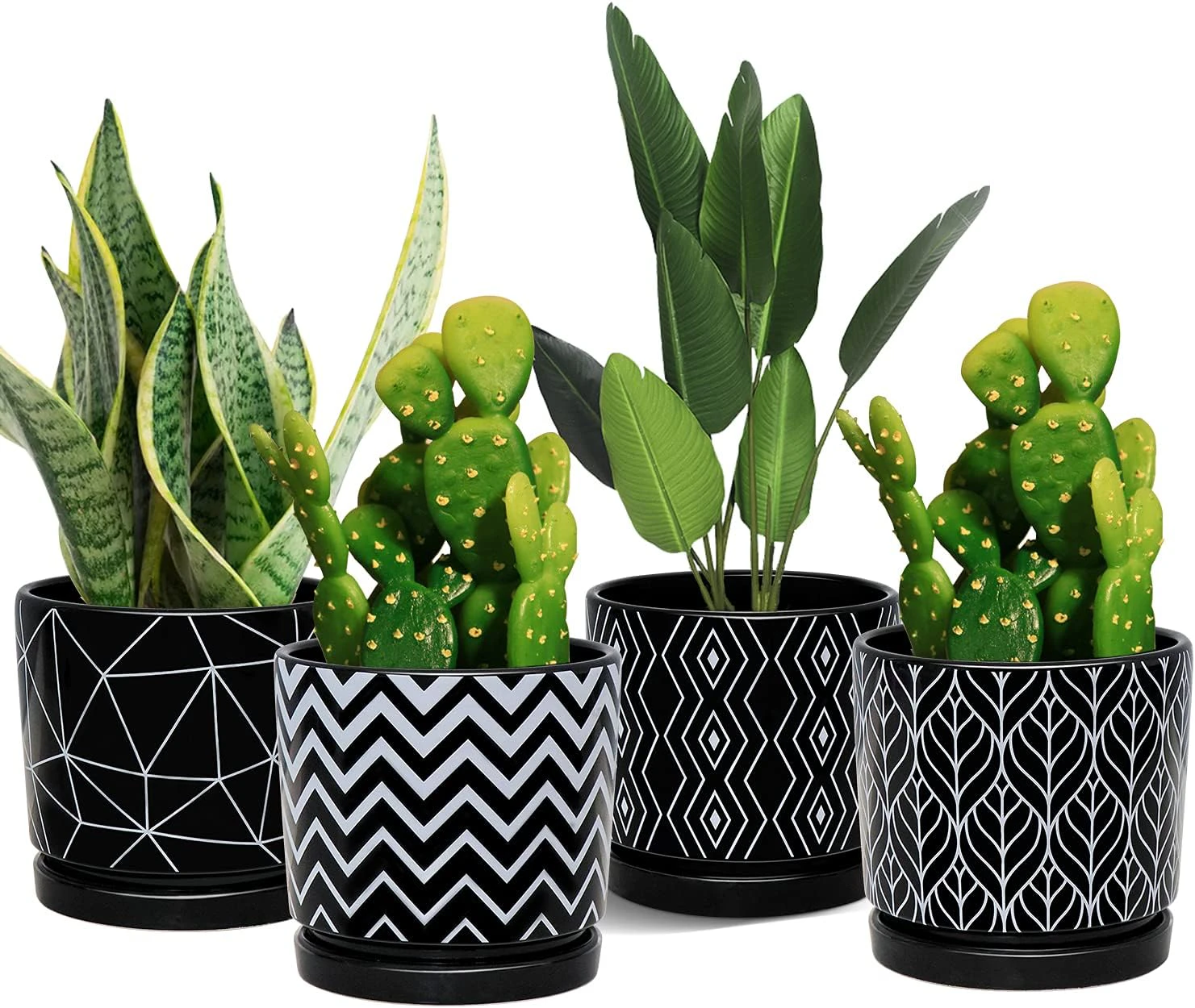 Ton Sin Flower Pots,5.5 Inch Black Ceramic Planter with Drainage Hole,Indoor Cylinder Plant Pots with Saucer,Cactus Succulent Outdoor Garden Pots Set of 4