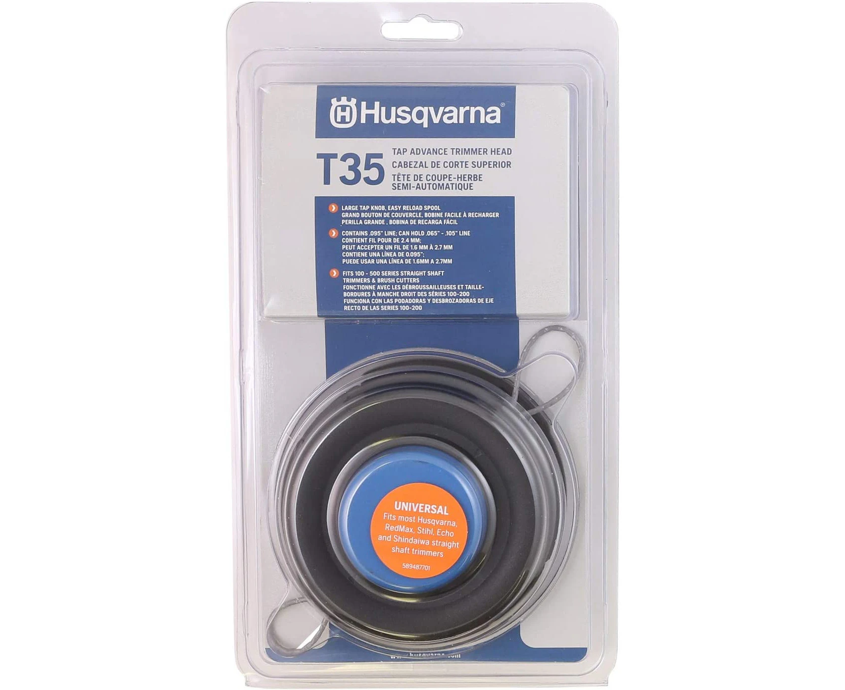 Husqvarna 537388101 Universal T35 Tap Advance Straight Shaft String Trimmer Head Prewound with .095-Inch Line Blue/Black