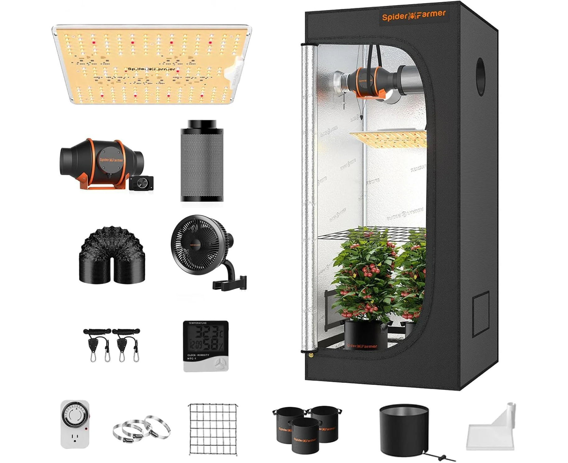 Spider Farmer 2x4 Grow Tent Kit Complete 24" x 47" x 71" with SF-2000 LED Grow Light Samsung Diodes Full Spectrum 4'' Fan Filter Combo Ventilation kit for