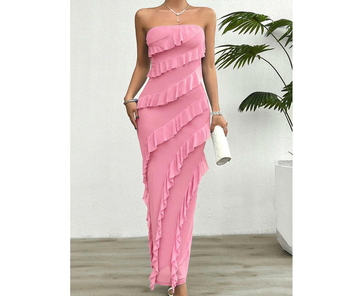 Women Summer Elegant Strapless Bodycon Maxi Dress Ruffled Cocktail Tube Top Dresses-pink