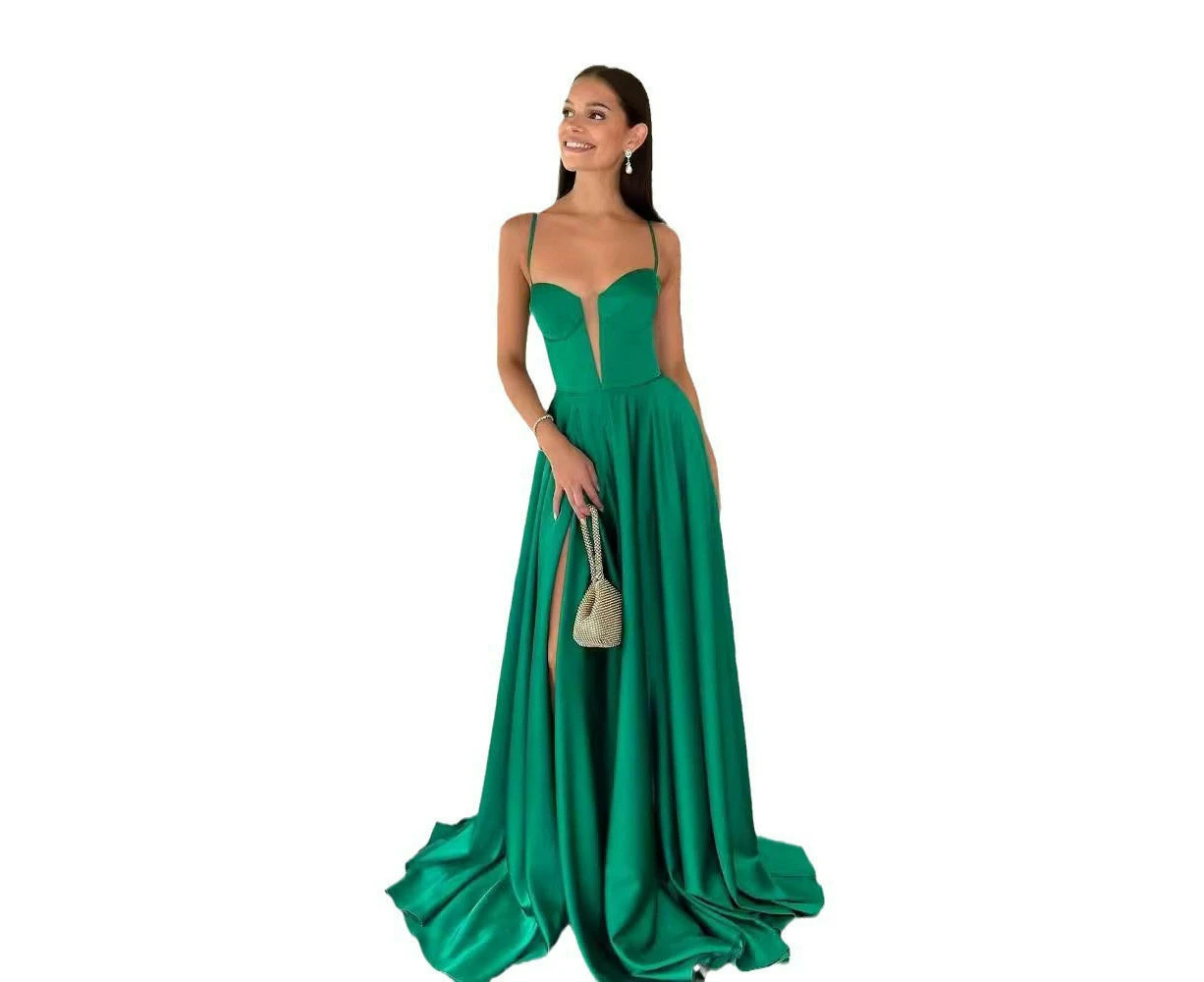 Women's Prom Dresses Gown Spaghetti Straps V Neck Split A Line Formal Evening Dress-green