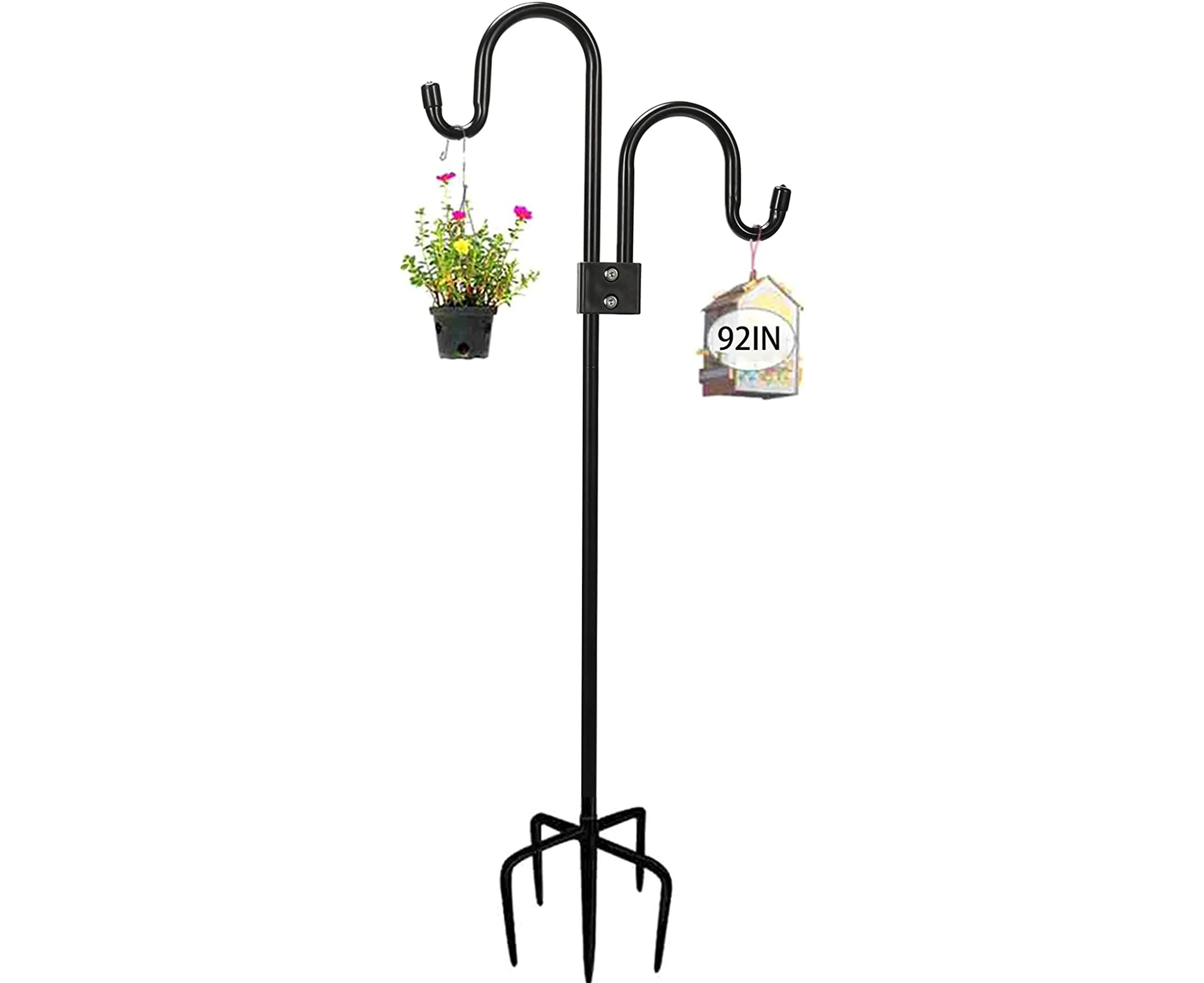 Double Shepherds Hooks for Outdoor, Adjustable Bird Feeder Pole 72 to 193cm with 5-Prong Base, Heavy Duty Garden Shepards Hooks for Outdoor Plant Hanger, W