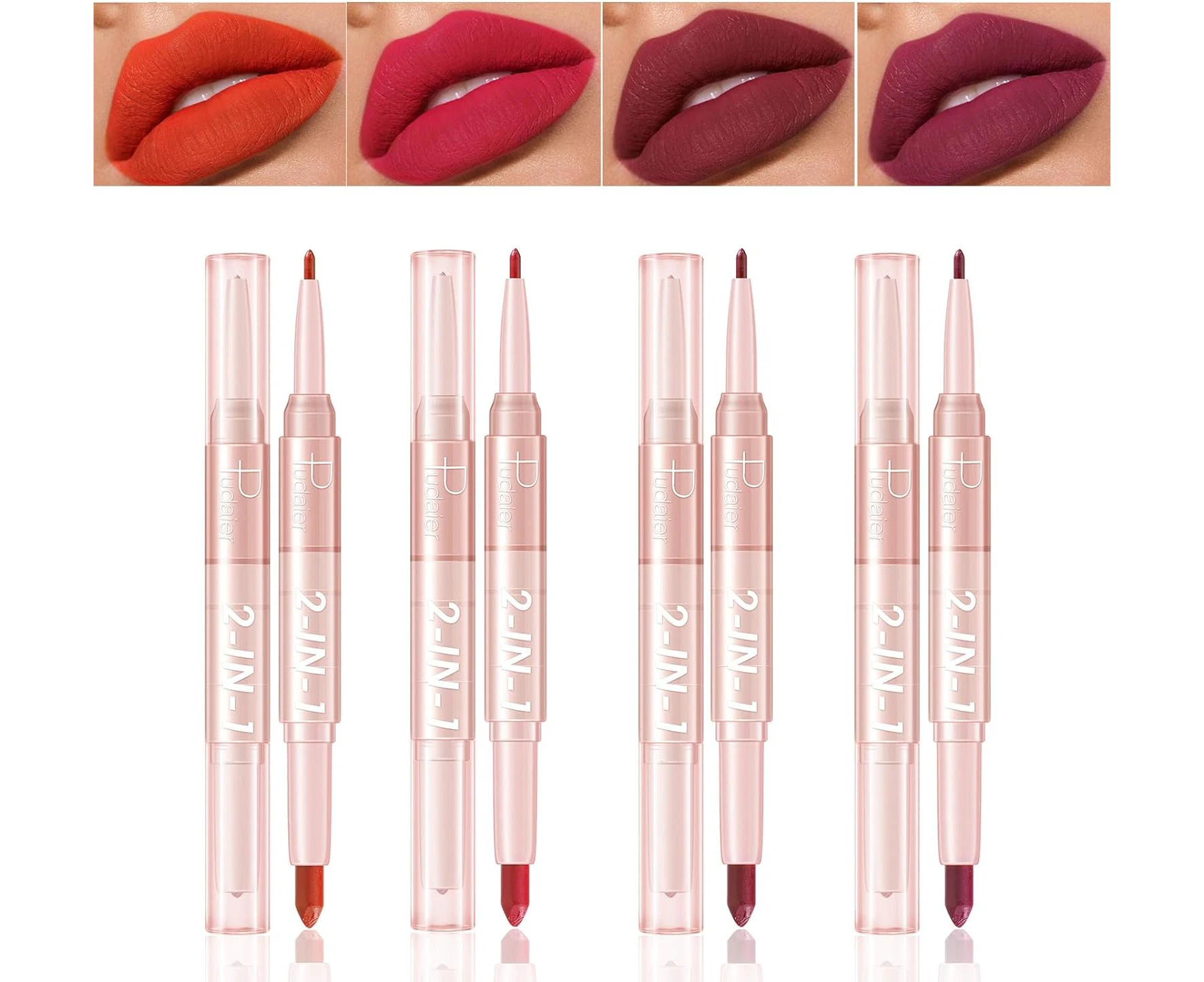 Joyeee Lipstick Set, 4PCS 2in1Double Head Matte Nude Lipstick Lipliner Lip Pencil Crayon Lip Tint Stain Long Lasting Waterproof Non Stick Cup Make up Set f