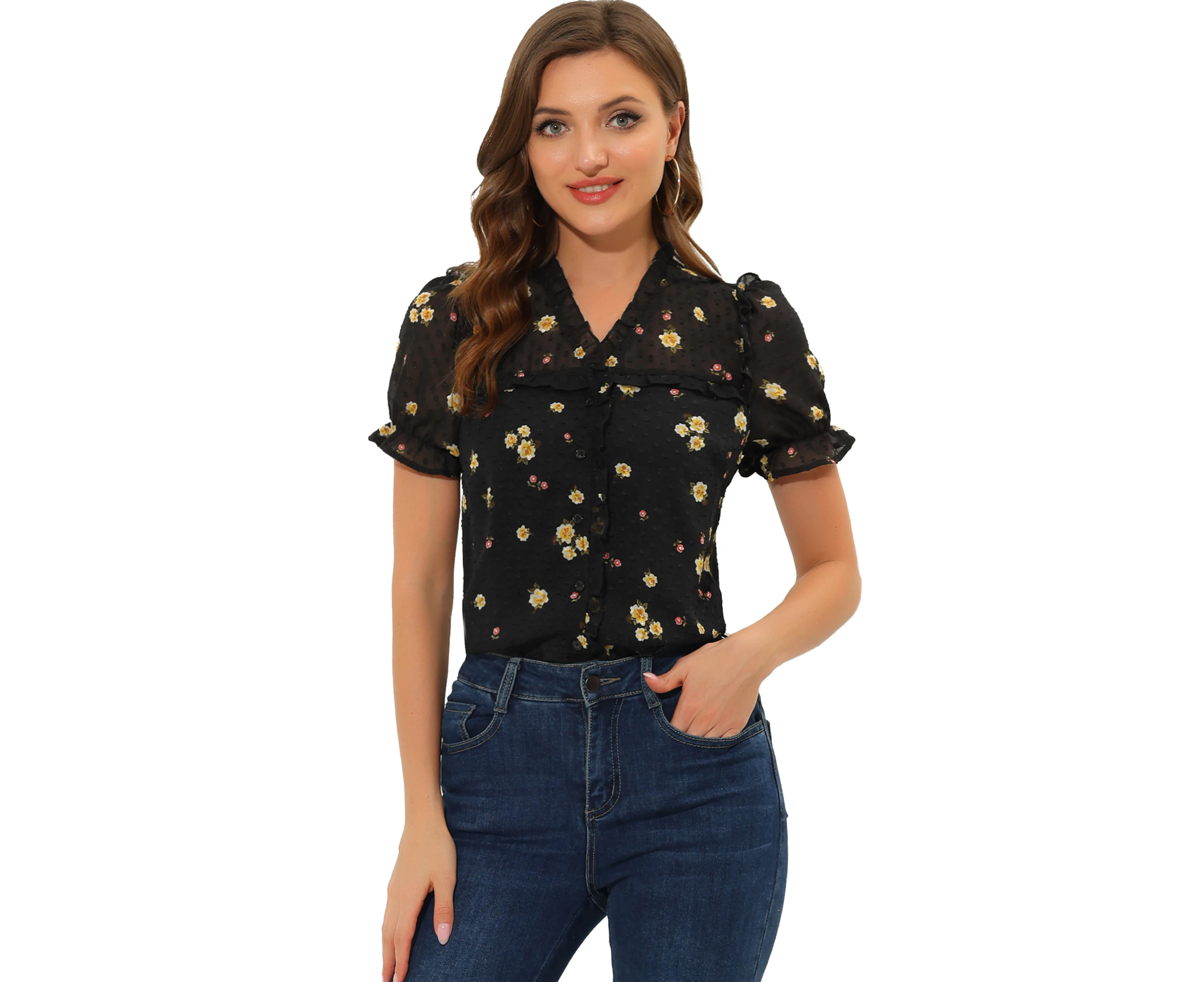 Allegra K Swiss Dots Chiffon Floral Shirt Black