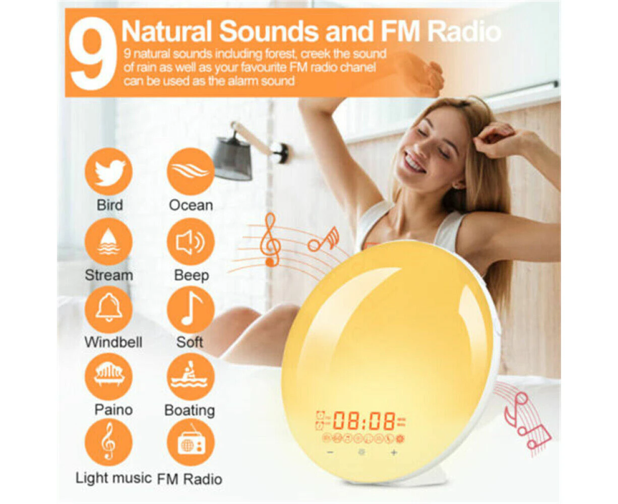 Wake Up Light Sunrise Alarm Clock FM Radio Snooze Natural Sounds Sleep Aid Decor