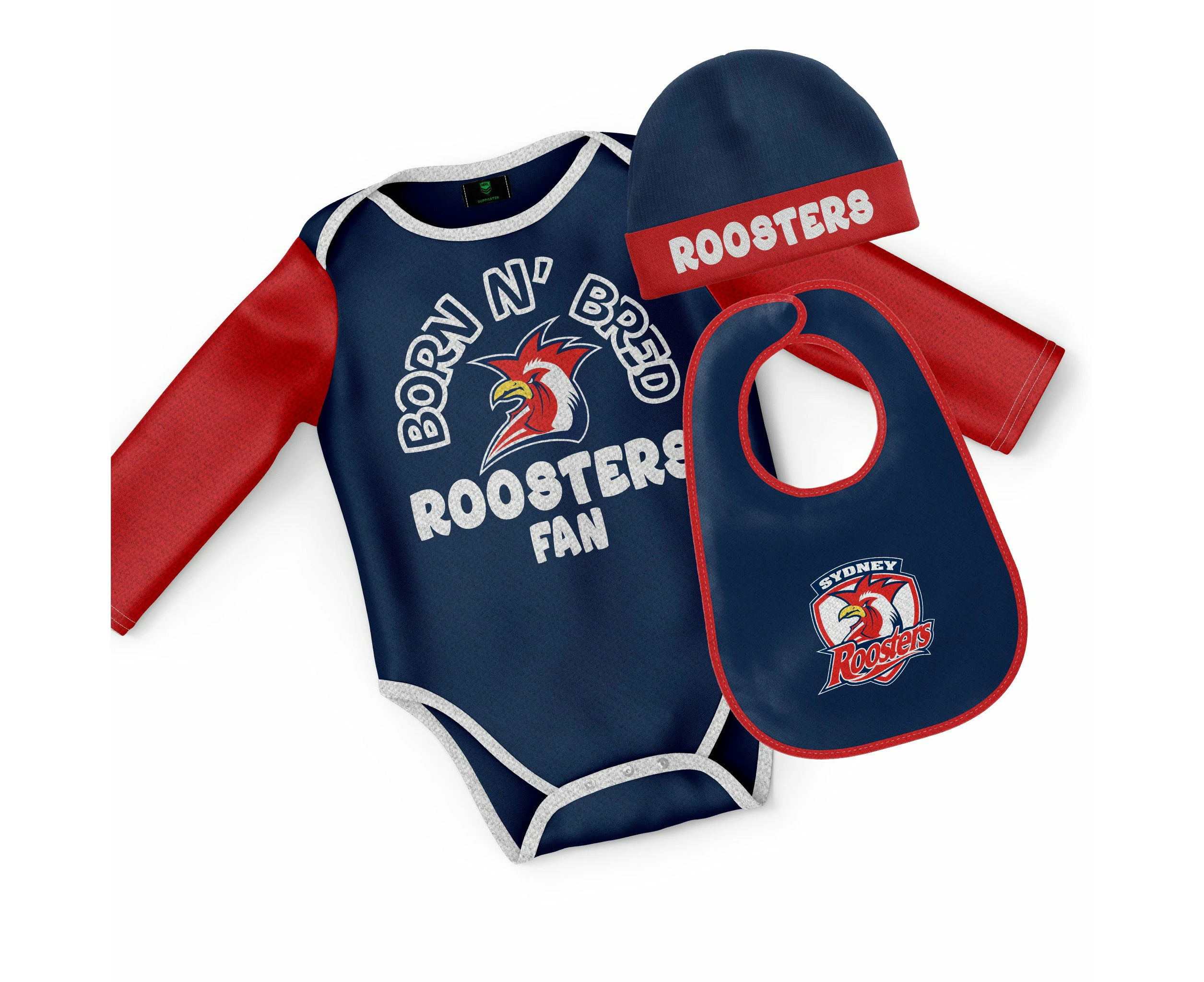 Sydney Roosters NRL Rugby League Baby Infant Romper Bodysuit Beanie Bib 3pc Gift Set