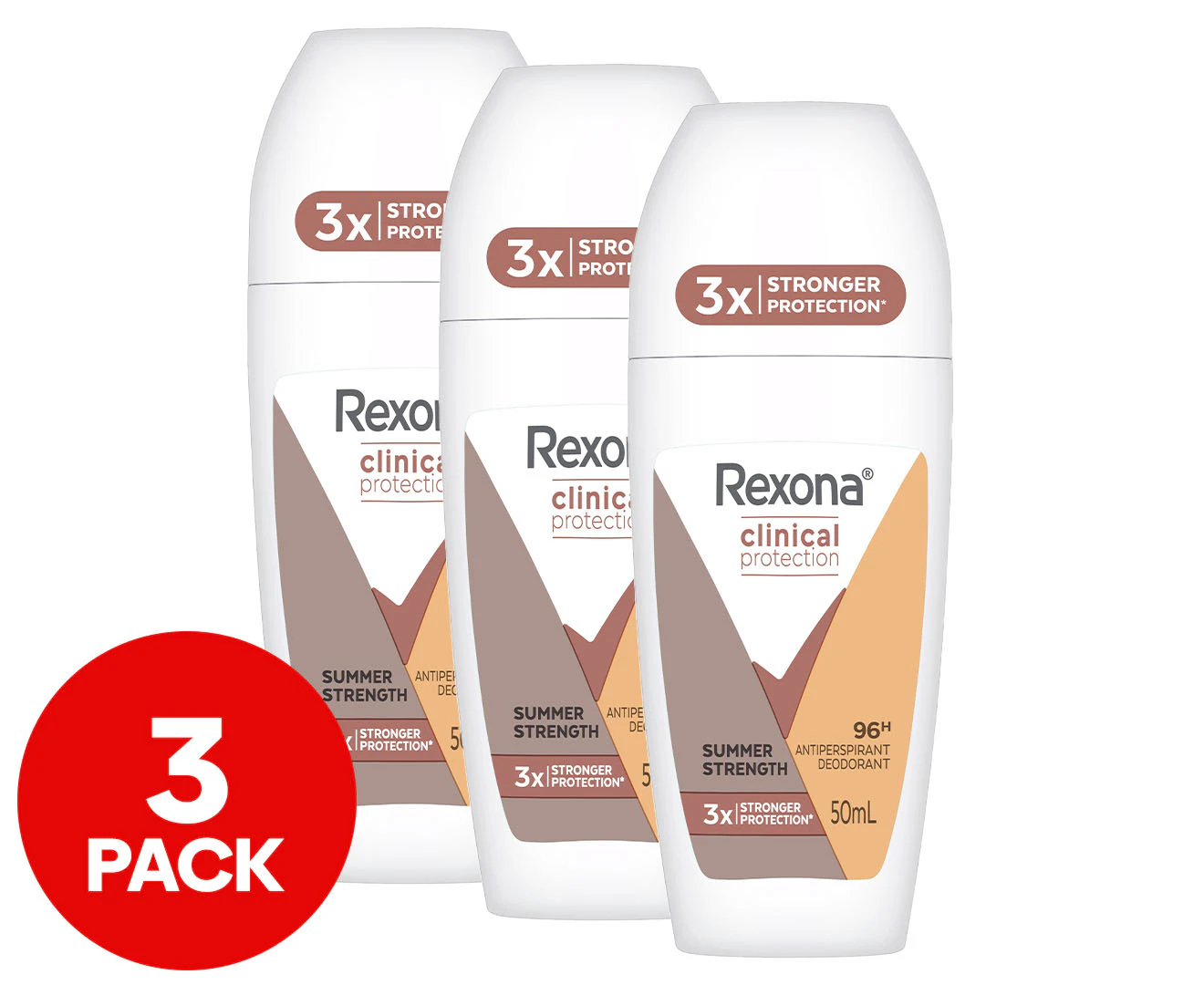 3 x Rexona Women's Clinical Protection Roll-On Antiperspirant Deodorant Summer Strength 50mL