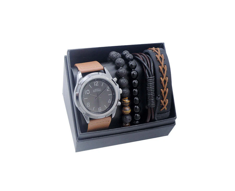 Men's Republic Sleek Stylish Watch With 4 Bracelets Black/Brown Gift Box Set