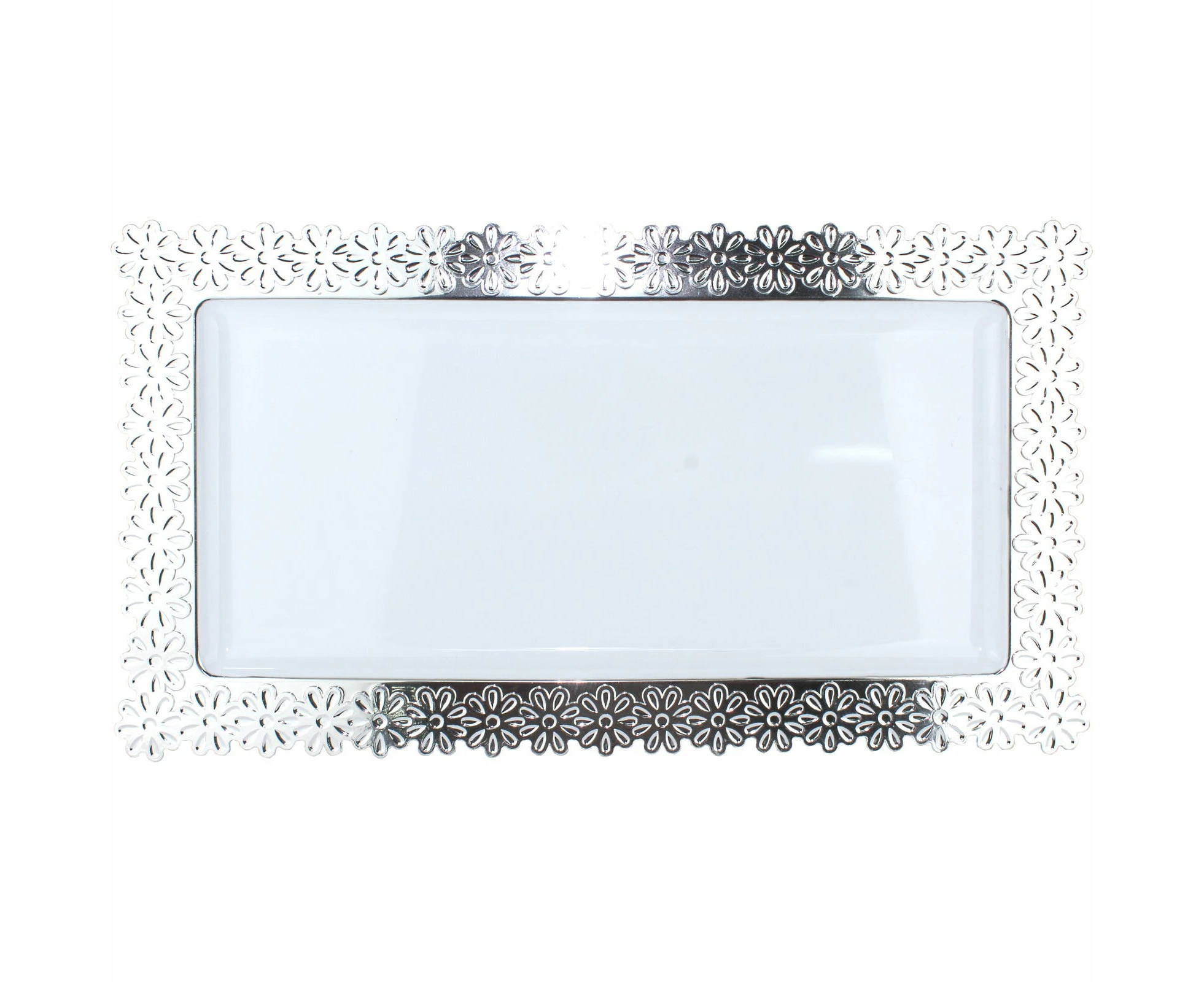 White Serving Platter With Silver Floral Edge 40cm