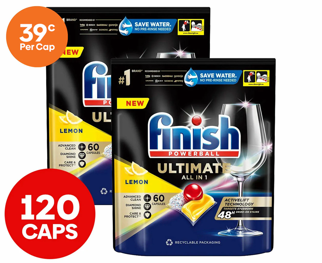 2 x 60pk Finish Powerball Ultimate All in 1 Dishwashing Caps Lemon