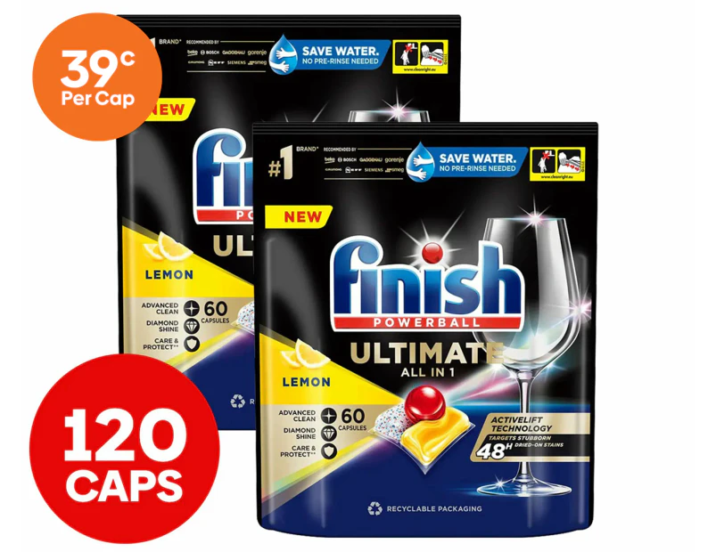 2 x 60pk Finish Powerball Ultimate All in 1 Dishwashing Caps Lemon