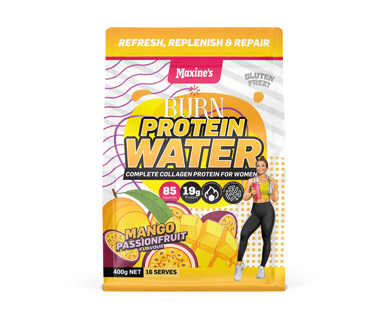 Maxine's Burn Protein Water Powder Mango Passionfruit 400g / 16 Serves