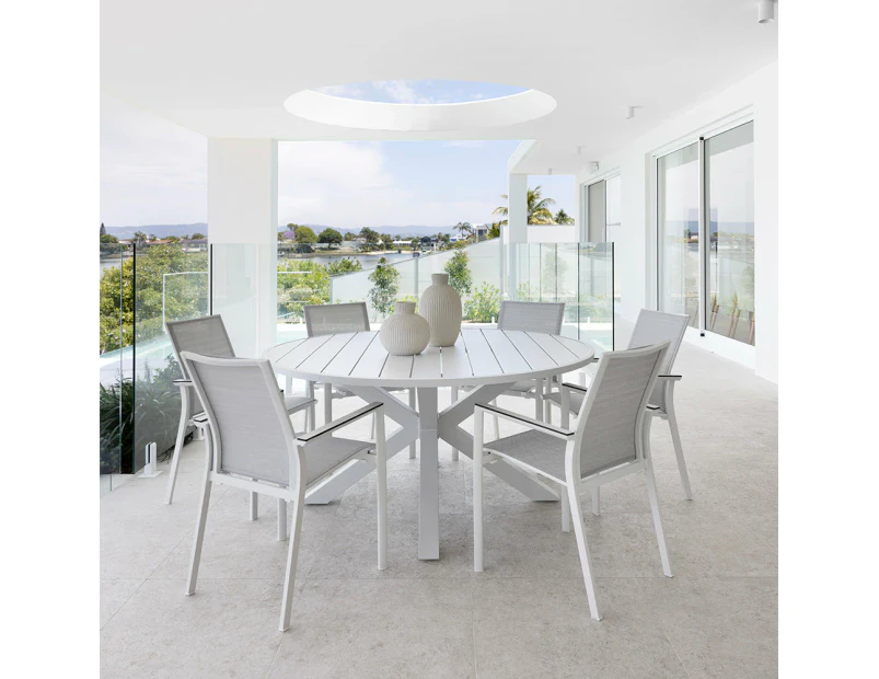 Houston Outdoor 1.5m Round Aluminium Table with 6 Patonga Dining Chairs - Outdoor Aluminium Dining Settings - Charcoal