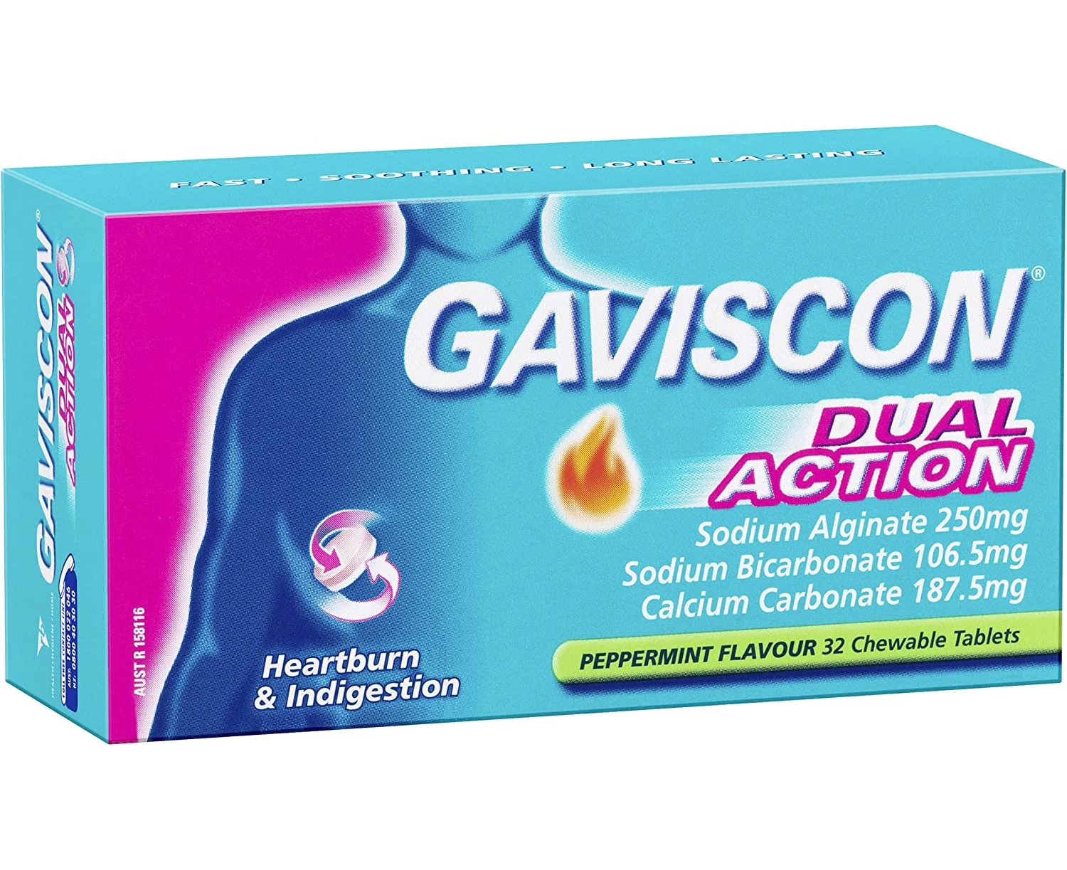 Gaviscon Dual Action Chewable Peppermint Heartburn & Indigestion Relief Tablets (Count of 32)