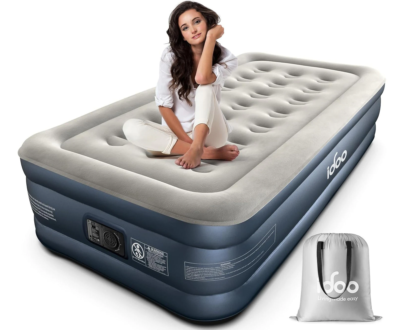 iDOO Single Size Air Mattress, Inflatable Airbed with Built-in Pump, 3 Mins Quick Self-Inflation/Deflation, Comfortable Blow Up Bed for Home Portable Campi