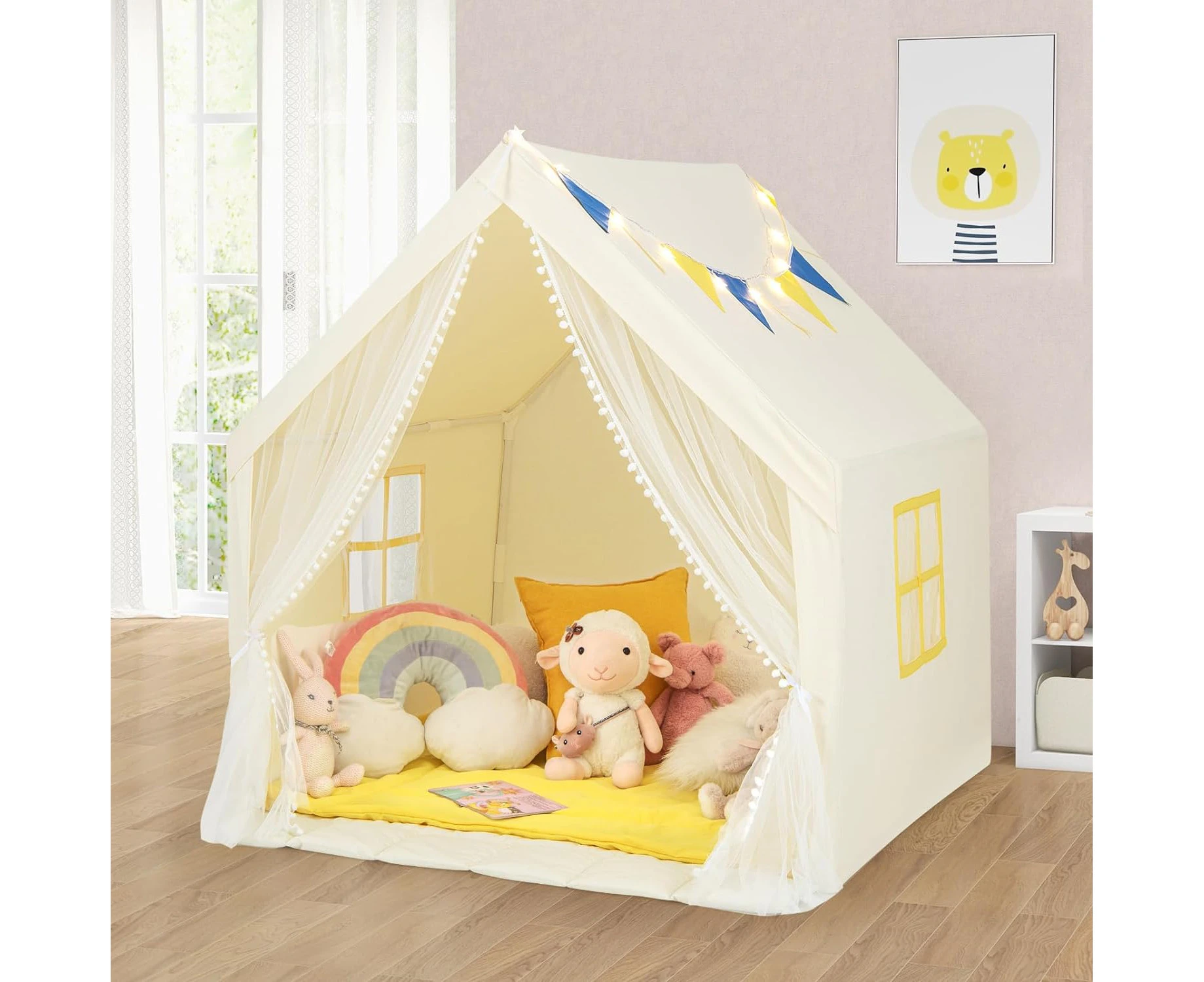 HONEY JOY Large Play Tent, Kids & Toddlers Playhouse with Washable Cotton Mat, Star Lights, Windows, Fancy Play Tent for Boys Girls, Castle Play Tent Playh