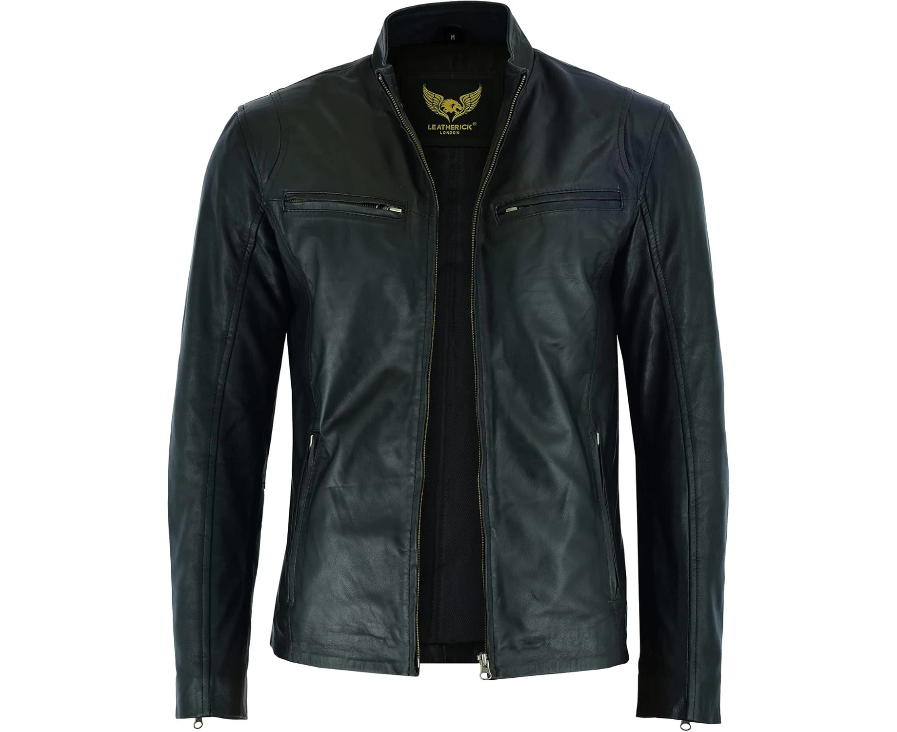 Leatherick Men’s Leather Biker Jacket - Sheepskin Hooper Style Black Zipped Motorbike Jacket With Multiple Pockets