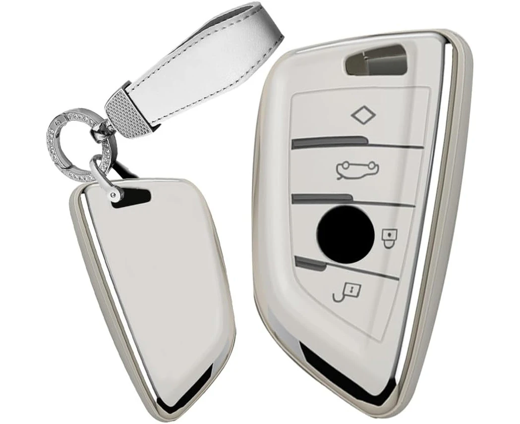 TECART Soft TPU Key Fob Cover Fit for BMW X1 X2 X3 Keychain Key Case Key Shell Box Accessories Protector 4 Button White