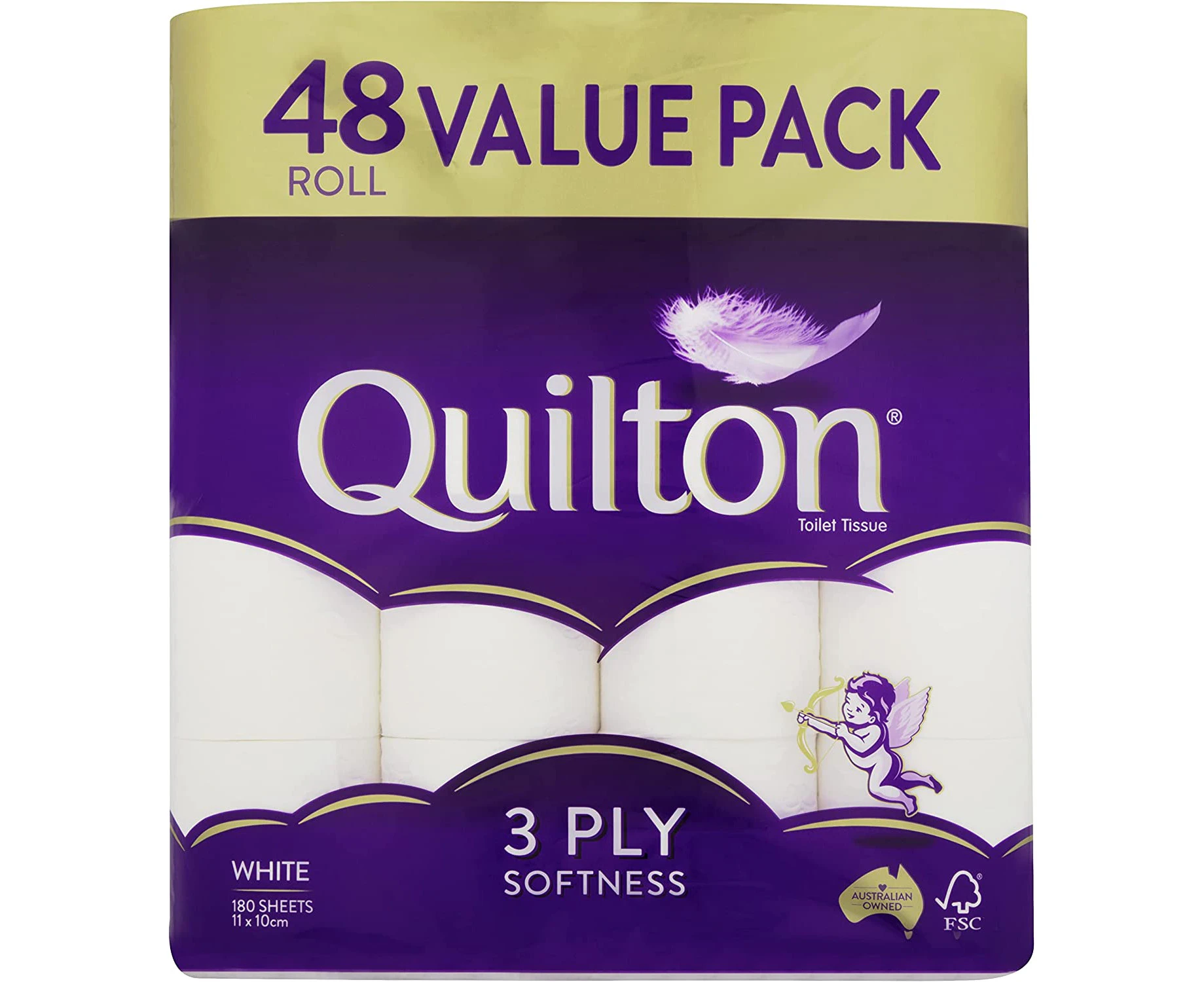 Quilton 3 Ply Toilet Tissue (180 Sheets per Roll, 11x10cm), Pack of 45 (9 Pack x 5 = 45)