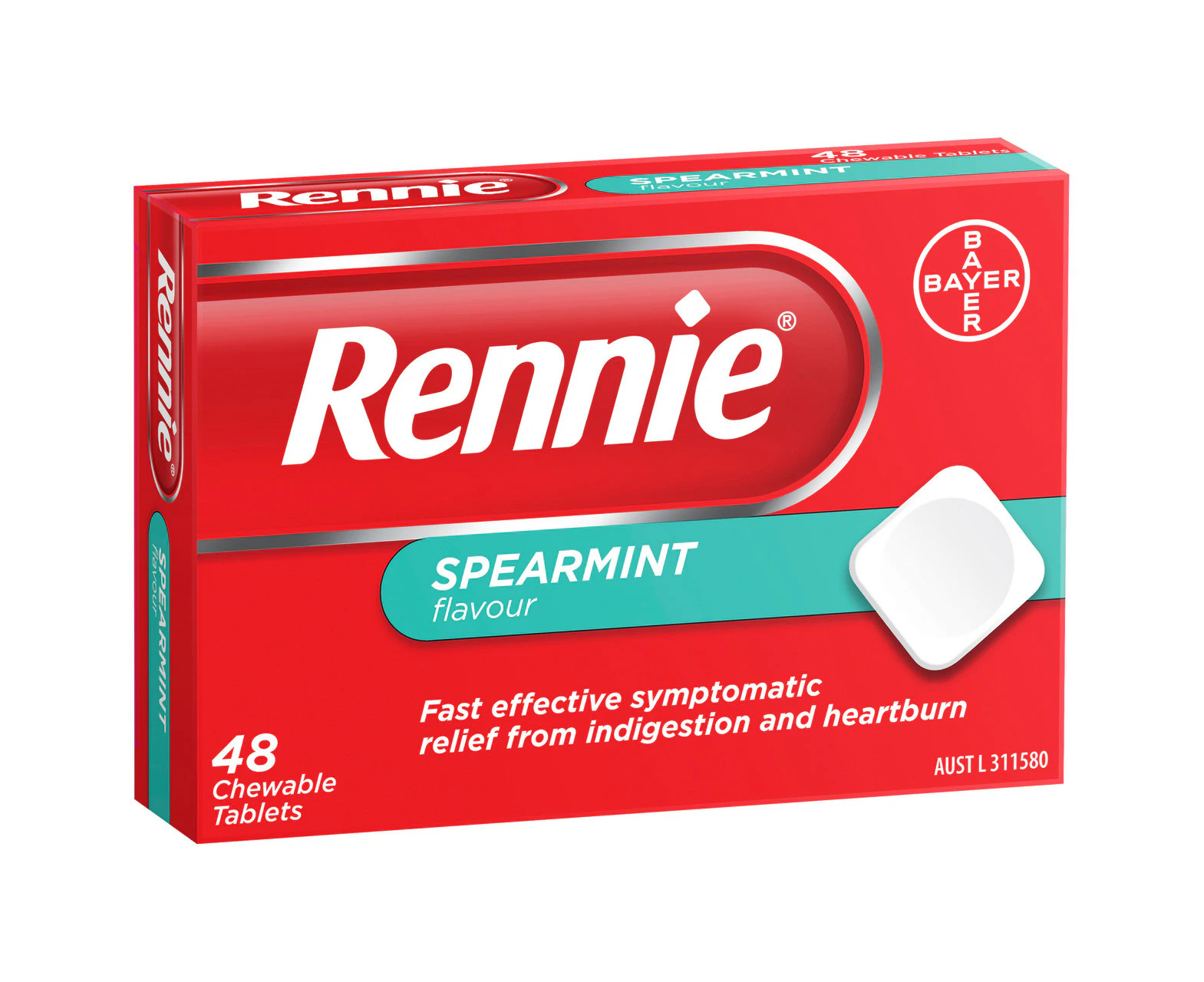 Rennie Indigestion and Heartburn Relief Spearmint 48 Chewable Tablets