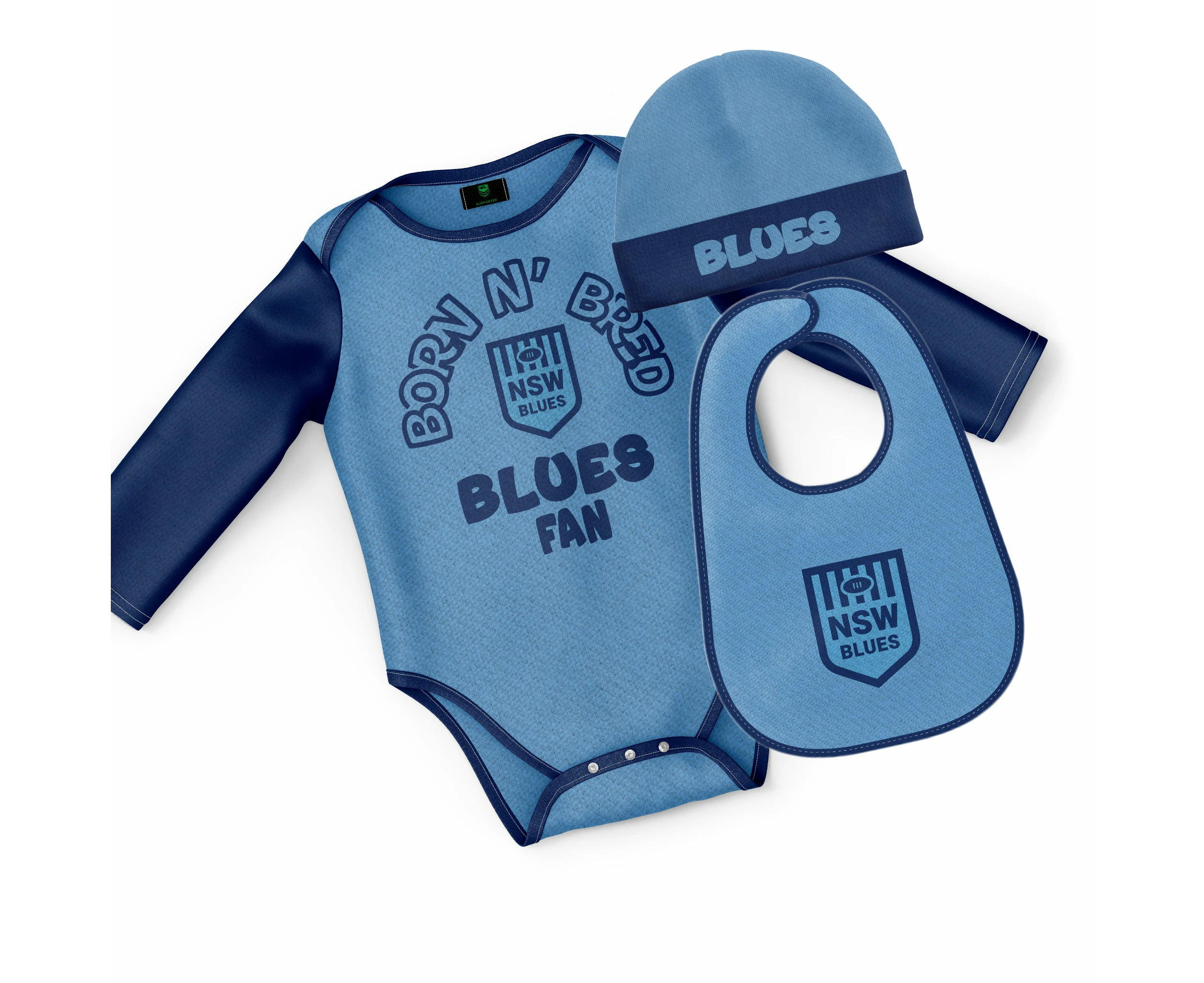 NSW Blues State Of Origin Baby Infant Romper Beanie Bib 3pc Gift Set size 00