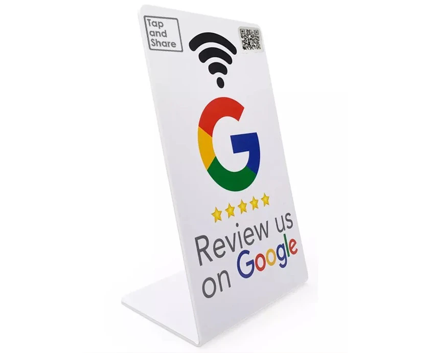 Tap and Share Contactless Sharing Smart NFC 'Review us on Google' Counter Sign + QR code | White