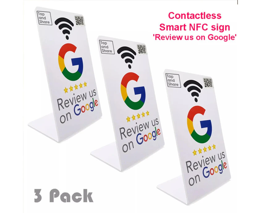 Tap and Share Smart Contactless Google Review Counter Sign Stand NFC + QR Code 'Review Us' | 3 Pack