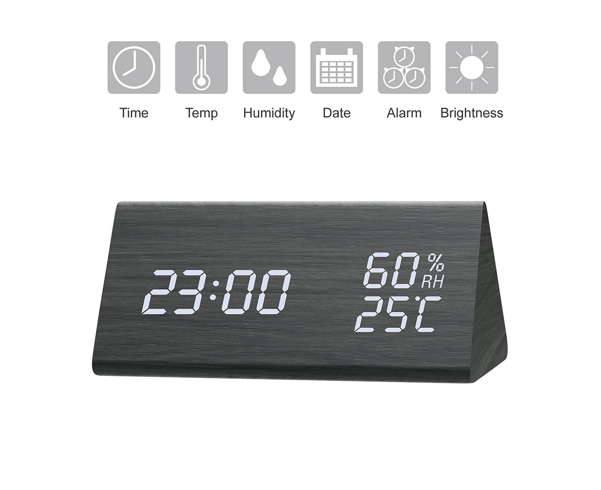 Digital Alarm Clock, Adjustable Brightness Voice Control Desk Wooden Alarm Clock, Large Display Time Temperature, Rechargeable Battery LED Digital Clock