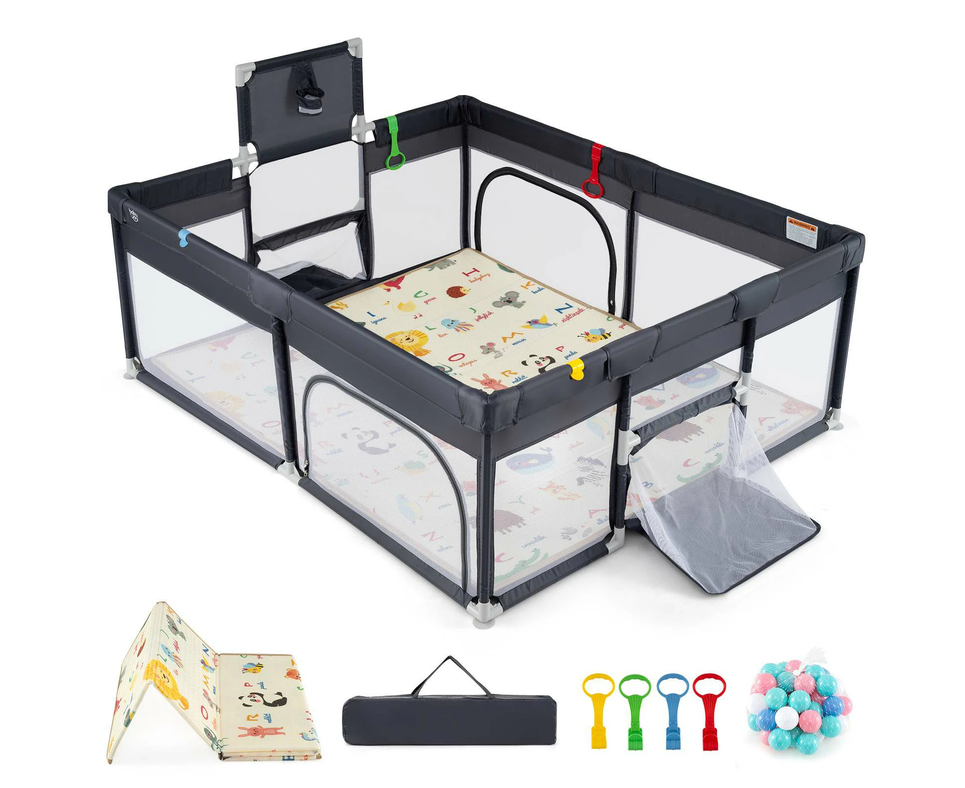 Costway Portable Playpen security Enclosure Play Fence w/Crawling Mat & Pull Ring, Grey 186x156x68.5cm