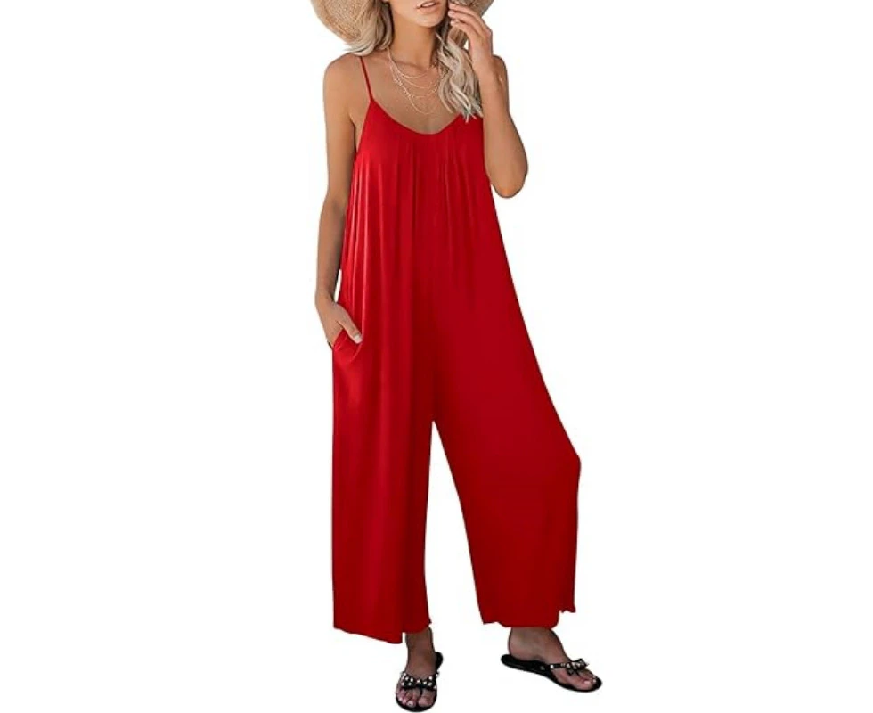 Women Summer Casual Sleeveless Spaghetti Strap Boho Wide Leg Jumpsuits Rompers Dressy