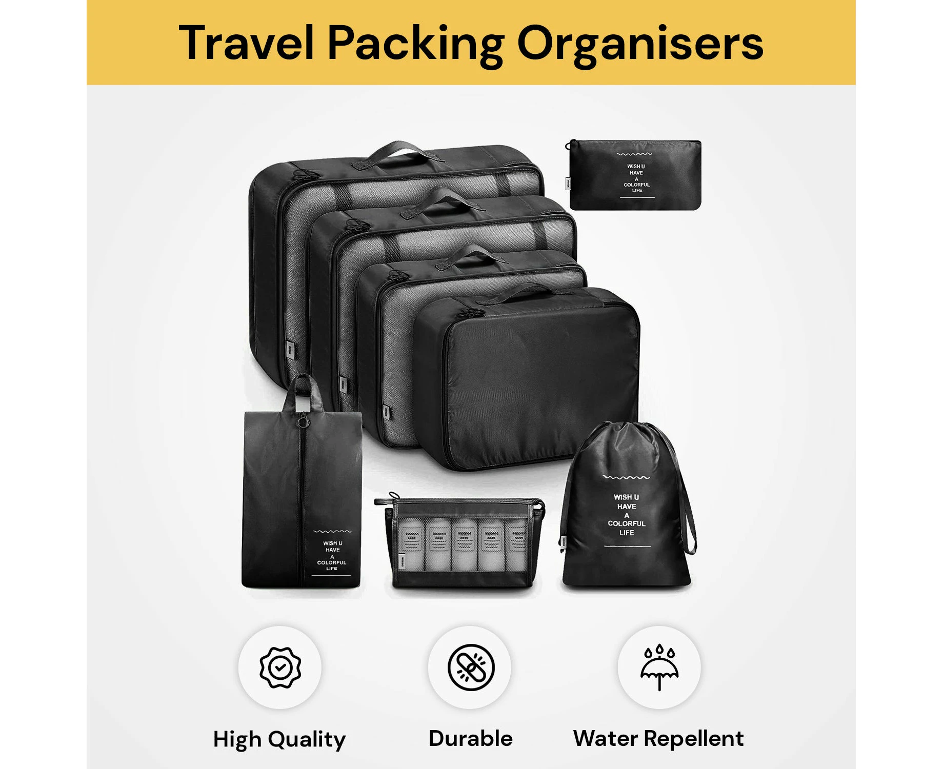 8PCs Travel Packing Organizers - Black