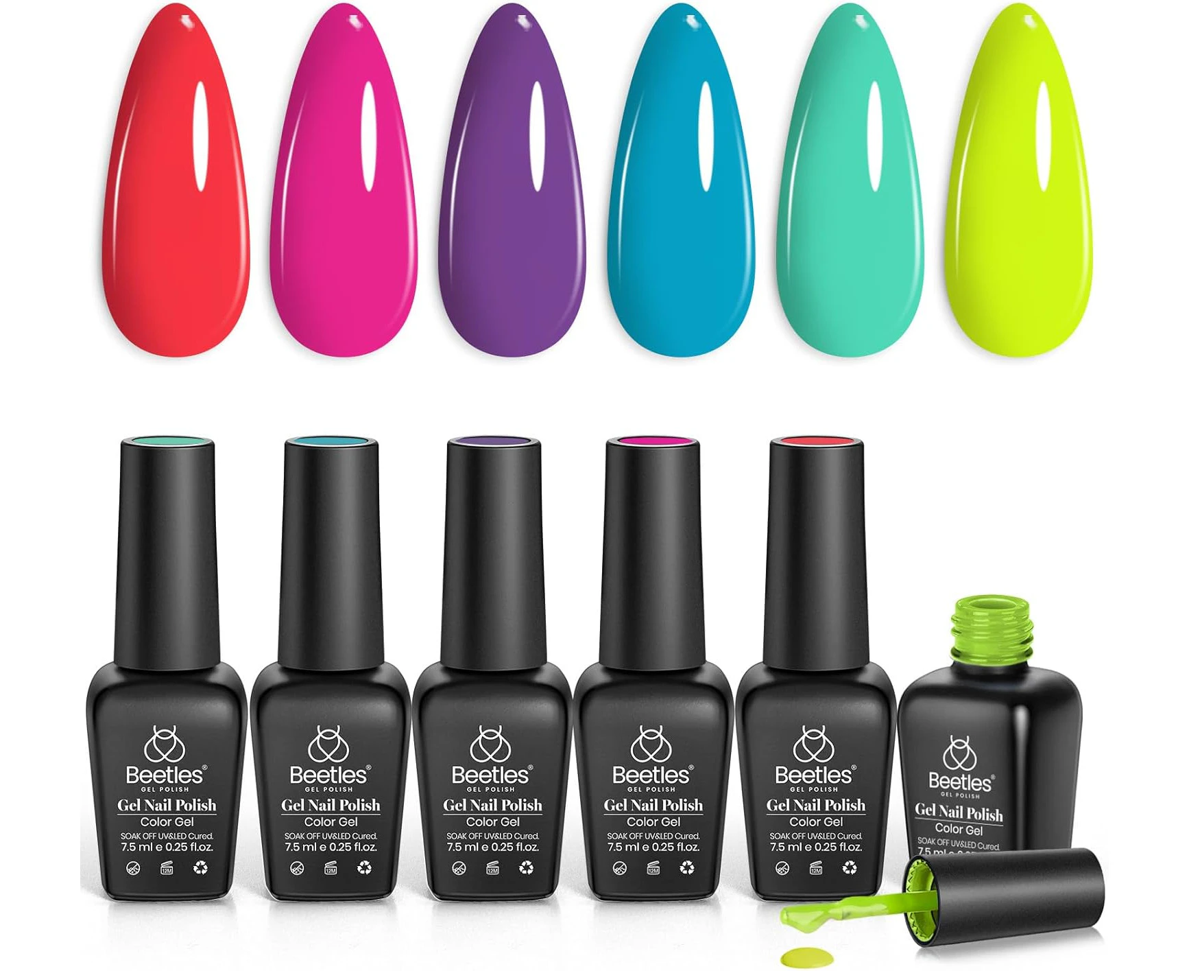 Beetles Gel Nail Polish Set, Forever Young Collection Turquoise Purple Blue Neon Yellow Gel Polish Hot Pink Gel Nail Lacquer Kit Back to School Nails Rainb