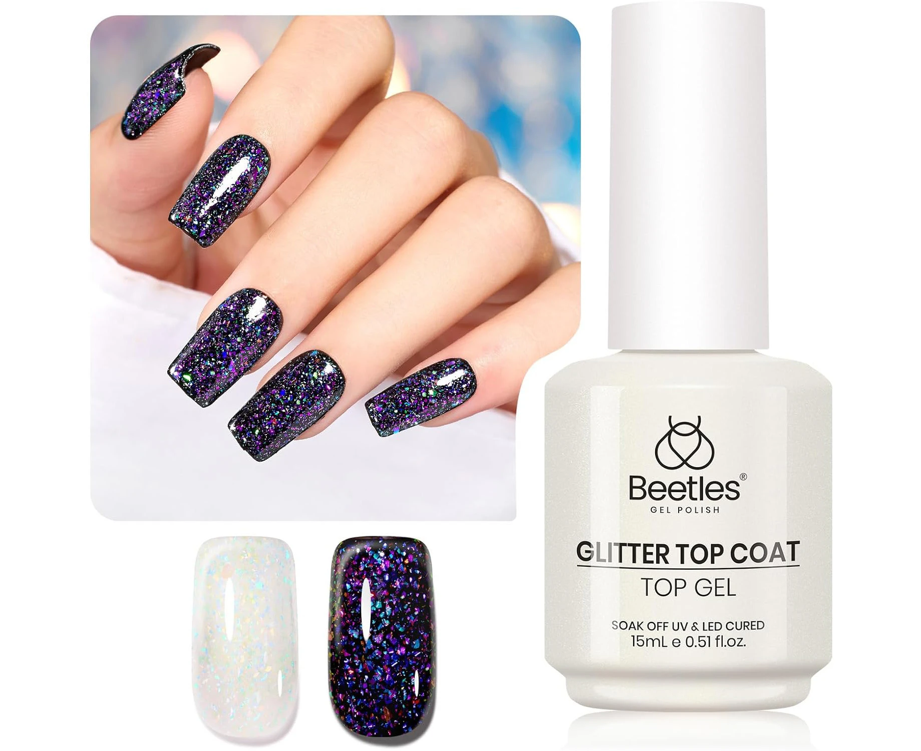 beetles Gel Polish 15ML Holographic Glitter Gel Polish No Wipe Top Coat Iridescent Glossy Shiny Gel Nail Polish Top Coat Gel Nail Polish Soak Off UV Led Sp