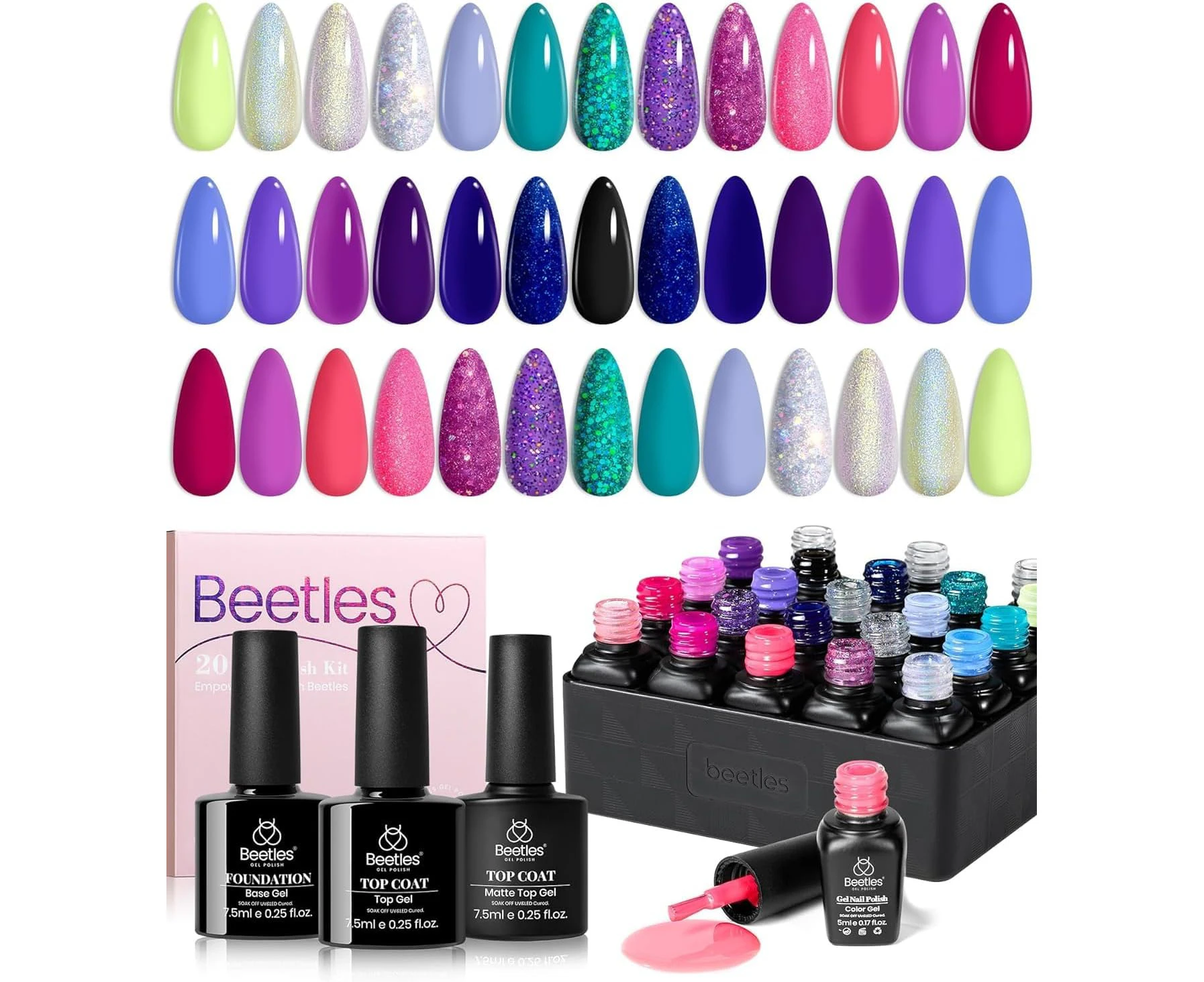 Beetles 20 Gel Nail Polish Kit with Glossy & Matte Top Base Coat, Midnight Euphoria Collection Purple Blue Hot Pink Glitter Gel Polish Set Soak off LED Gel